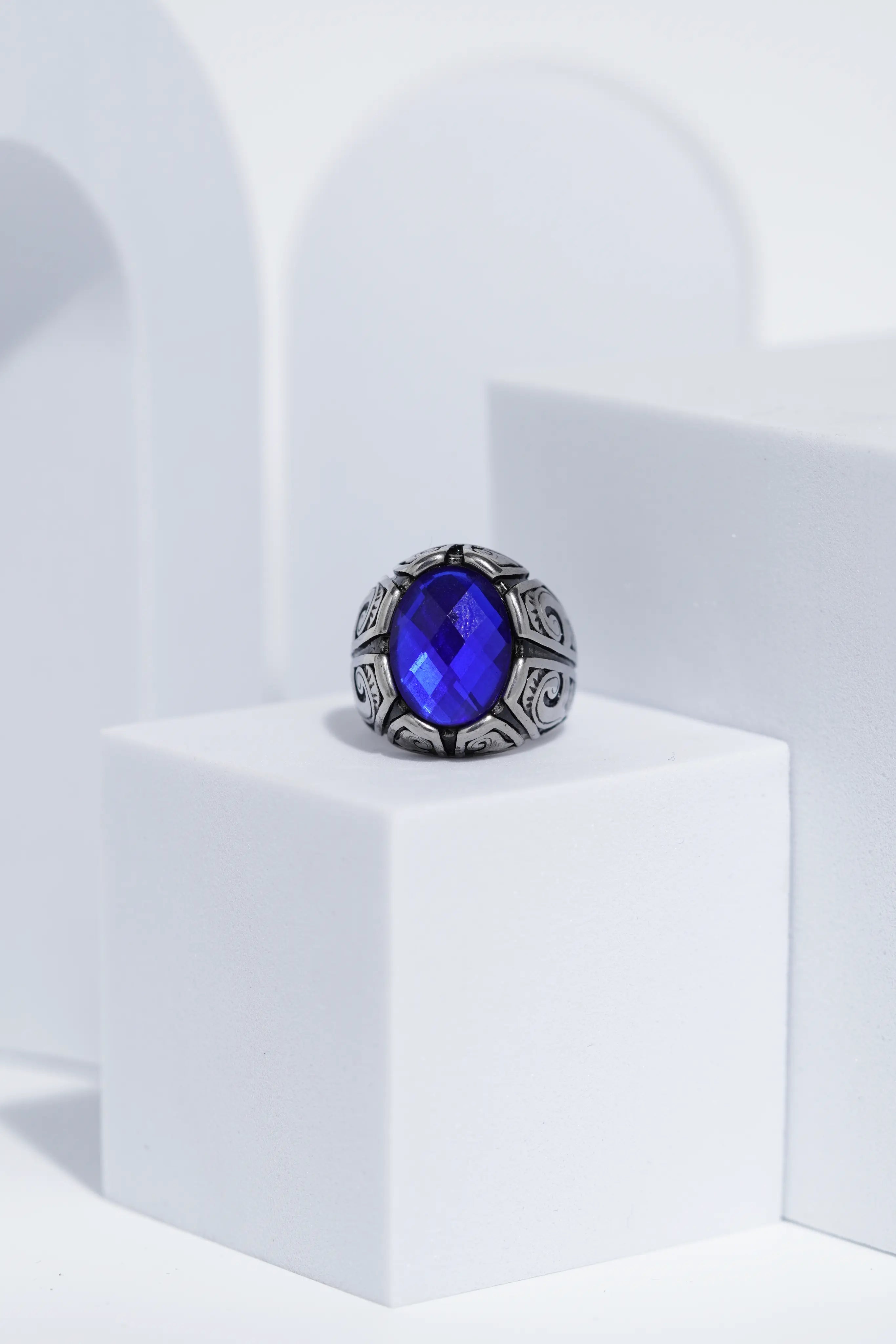 Blue Oval Cut Gem Silver Textured Stainless steel Ring For Men. worldjewel.in men's ring