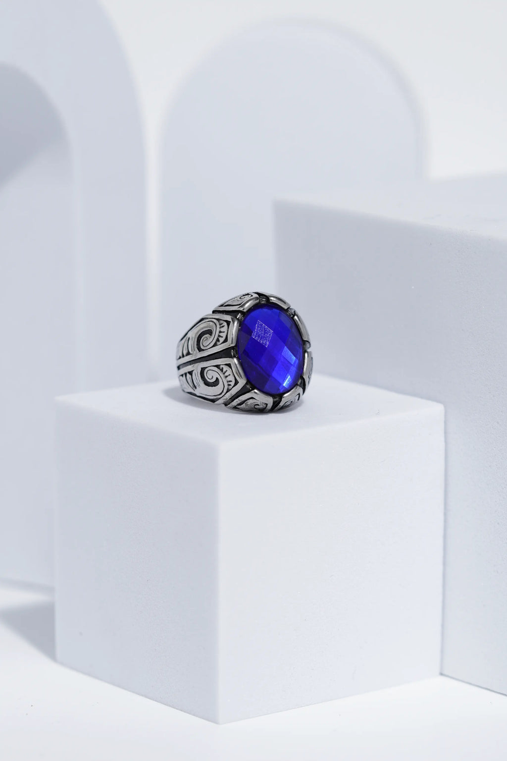 Blue Oval Cut Gem Silver Textured Stainless steel Ring For Men. worldjewel.in men's ring