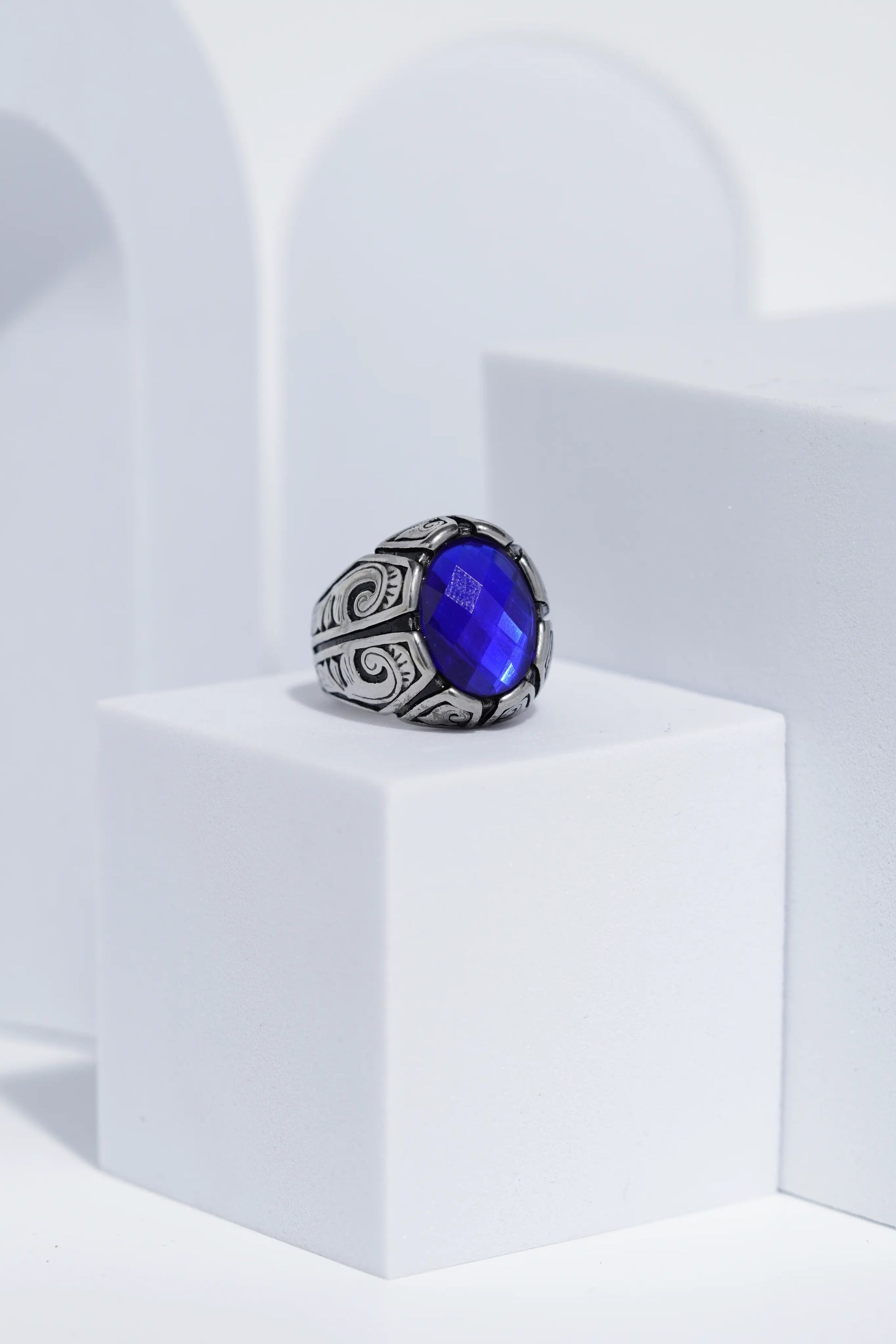 Blue Oval Cut Gem Silver Textured Stainless steel Ring For Men. worldjewel.in men's ring