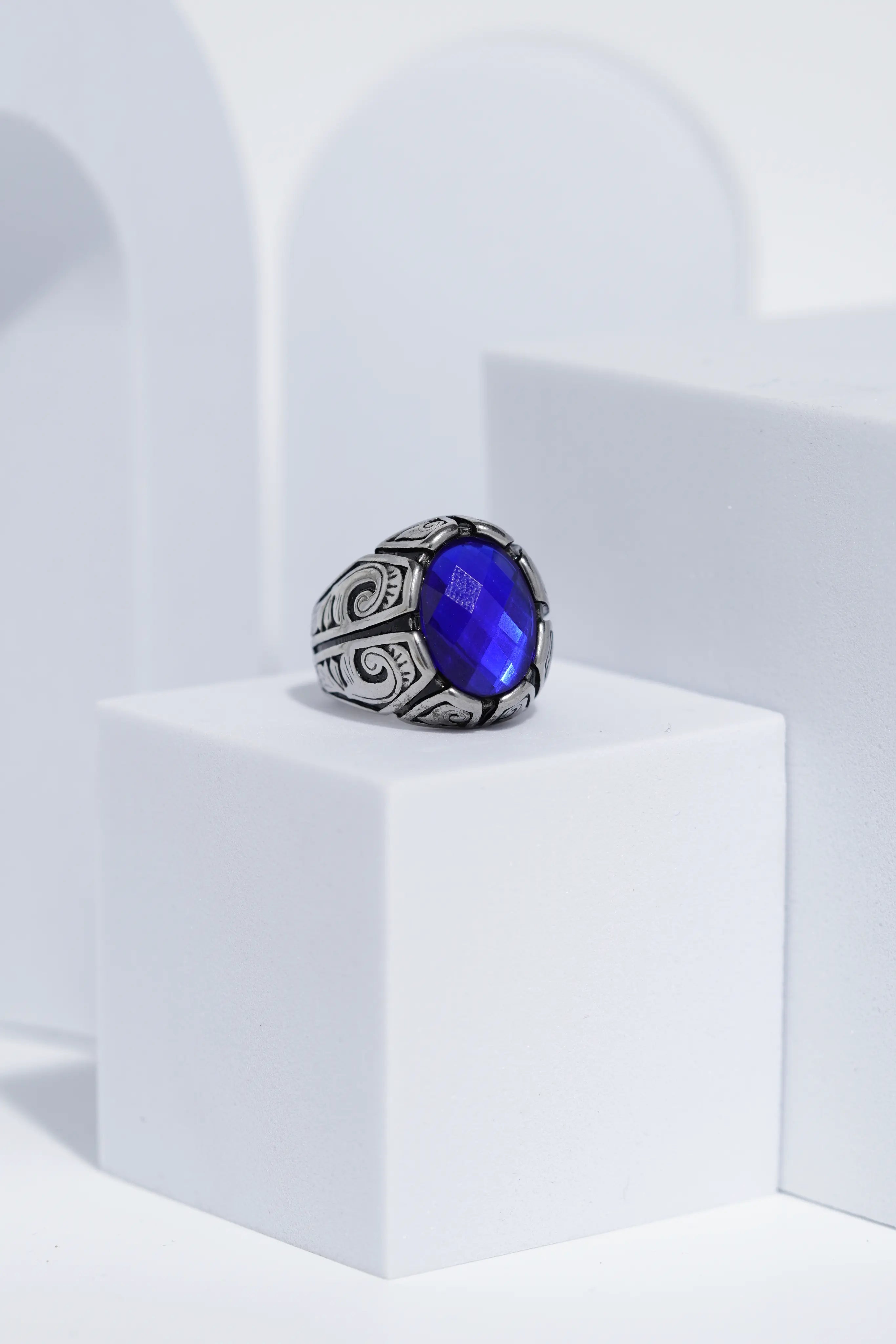 Blue Oval Cut Gem Silver Textured Stainless steel Ring For Men. worldjewel.in men's ring