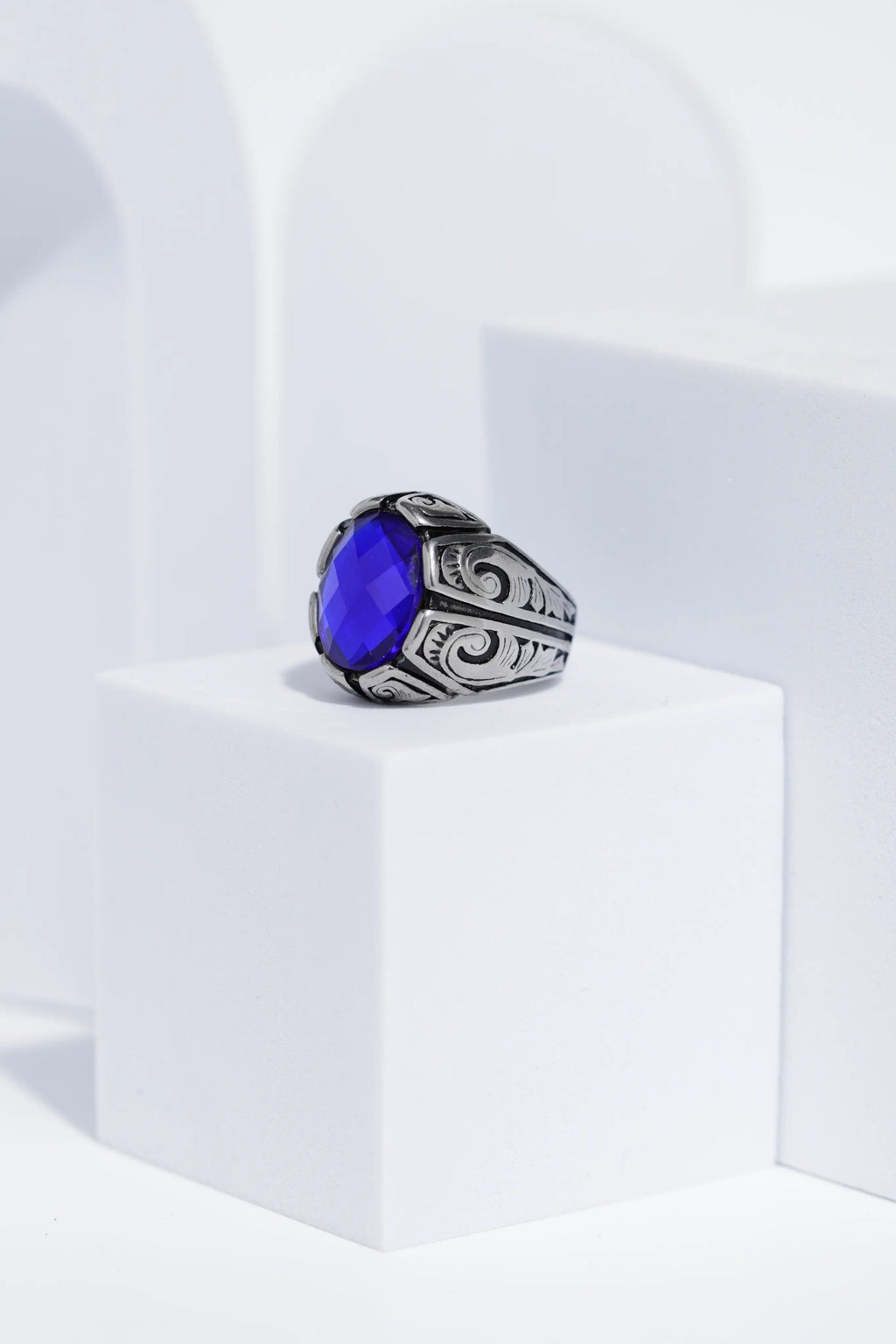 Blue Oval Cut Gem Silver Textured Stainless steel Ring For Men. worldjewel.in men's ring