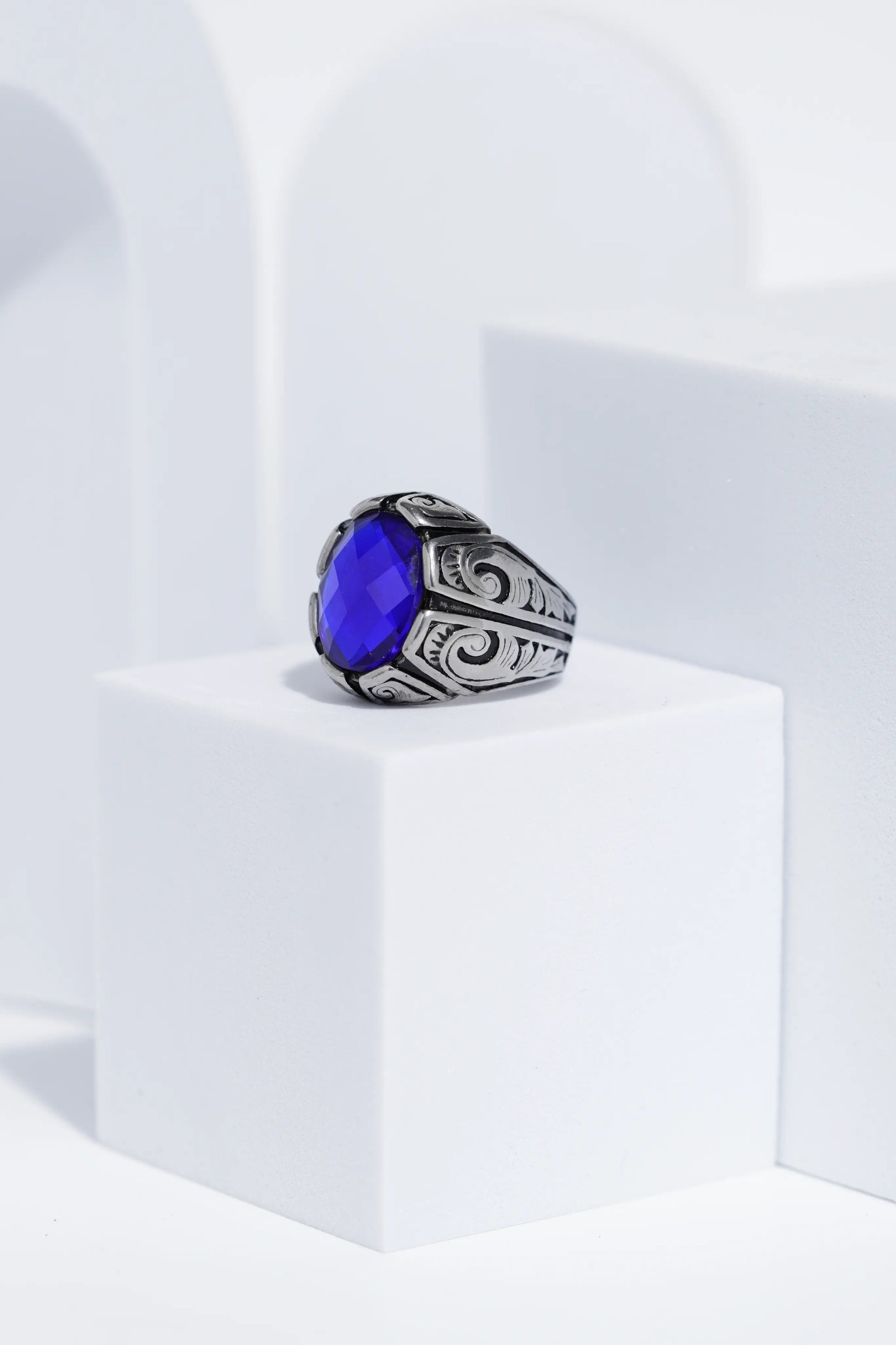 Blue Oval Cut Gem Silver Textured Stainless steel Ring For Men. worldjewel.in men's ring