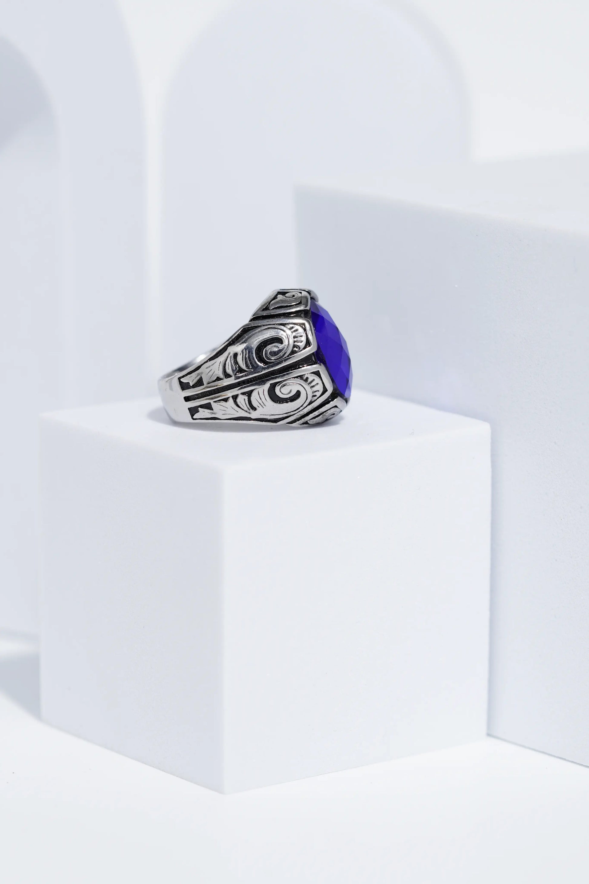 Blue Oval Cut Gem Silver Textured Stainless steel Ring For Men. worldjewel.in men's ring