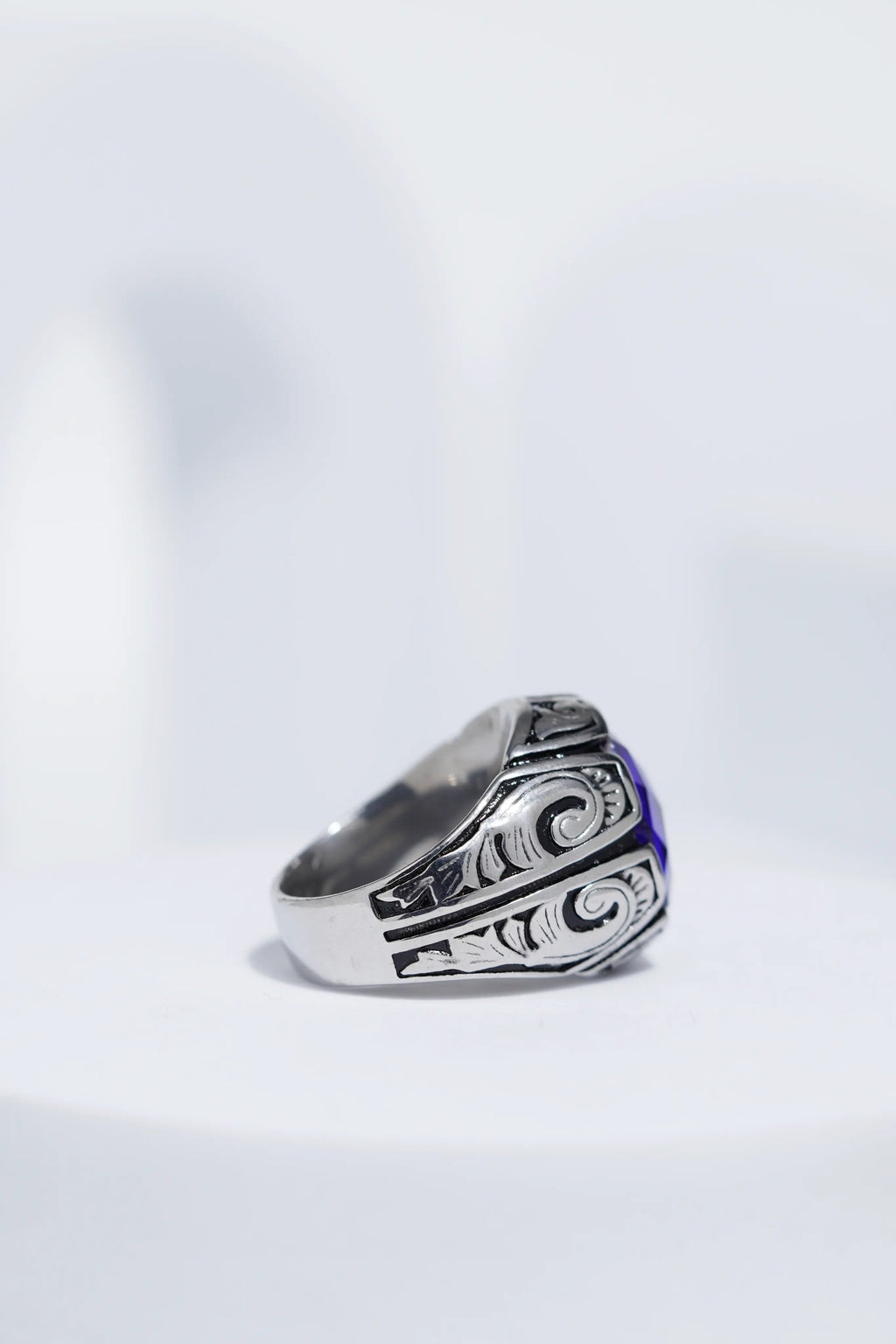 Blue Oval Cut Gem Silver Textured Stainless steel Ring For Men. worldjewel.in men's ring