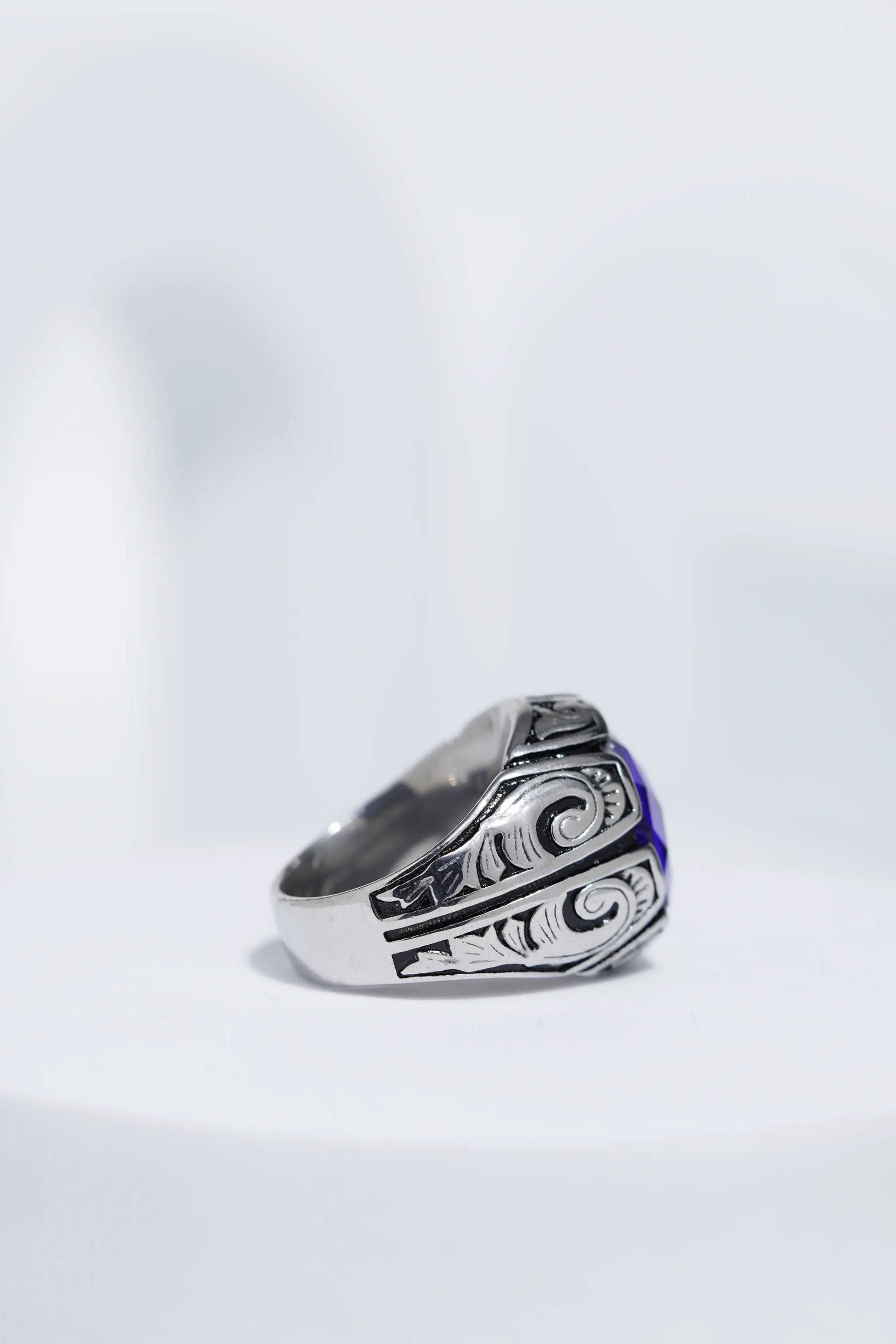 Blue Oval Cut Gem Silver Textured Stainless steel Ring For Men. worldjewel.in men's ring