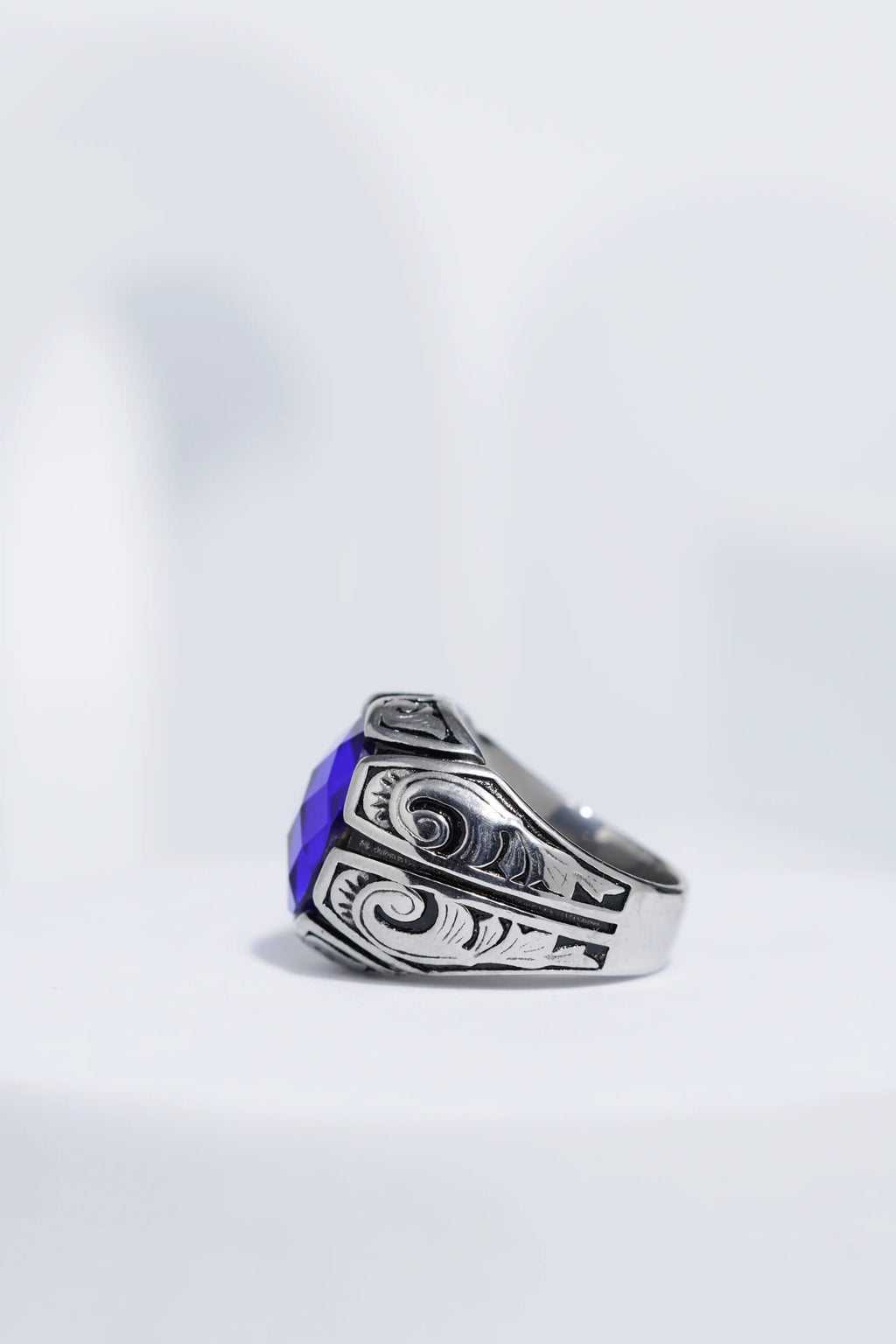 Blue Oval Cut Gem Silver Textured Stainless steel Ring For Men. worldjewel.in men's ring