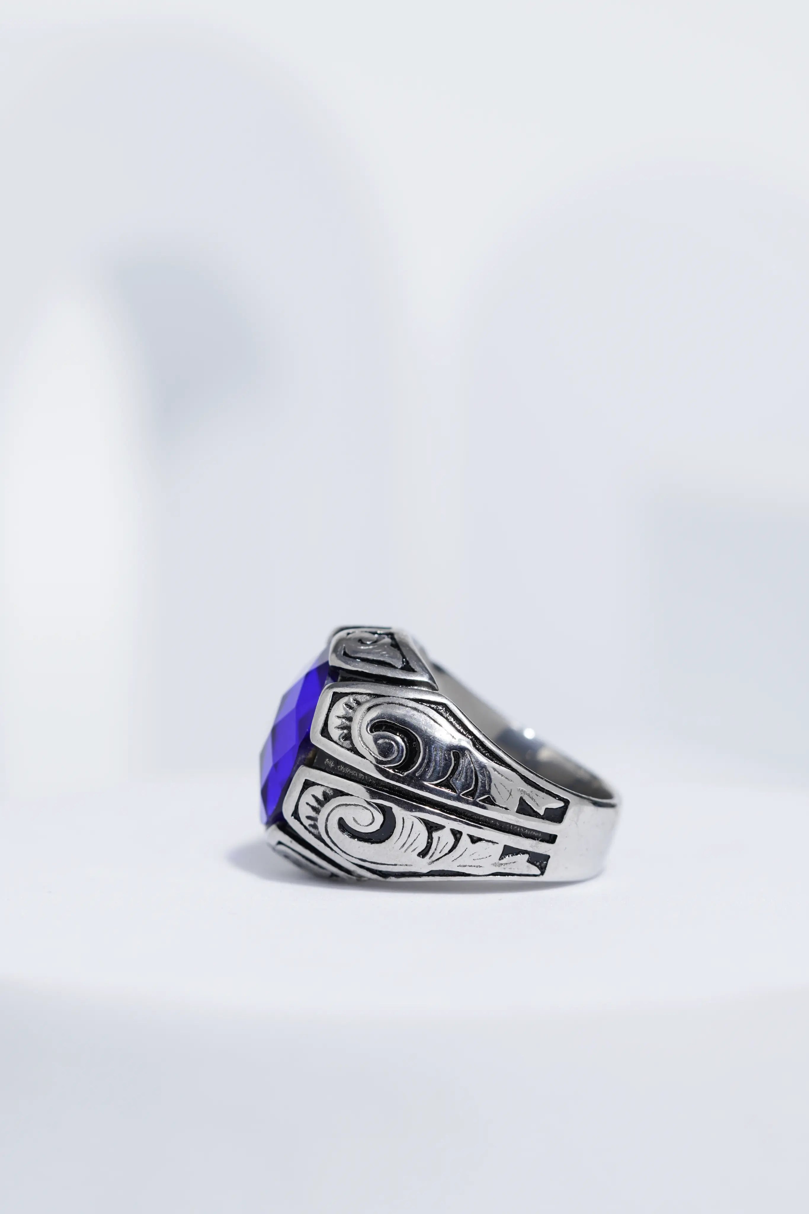 Blue Oval Cut Gem Silver Textured Stainless steel Ring For Men. worldjewel.in men's ring