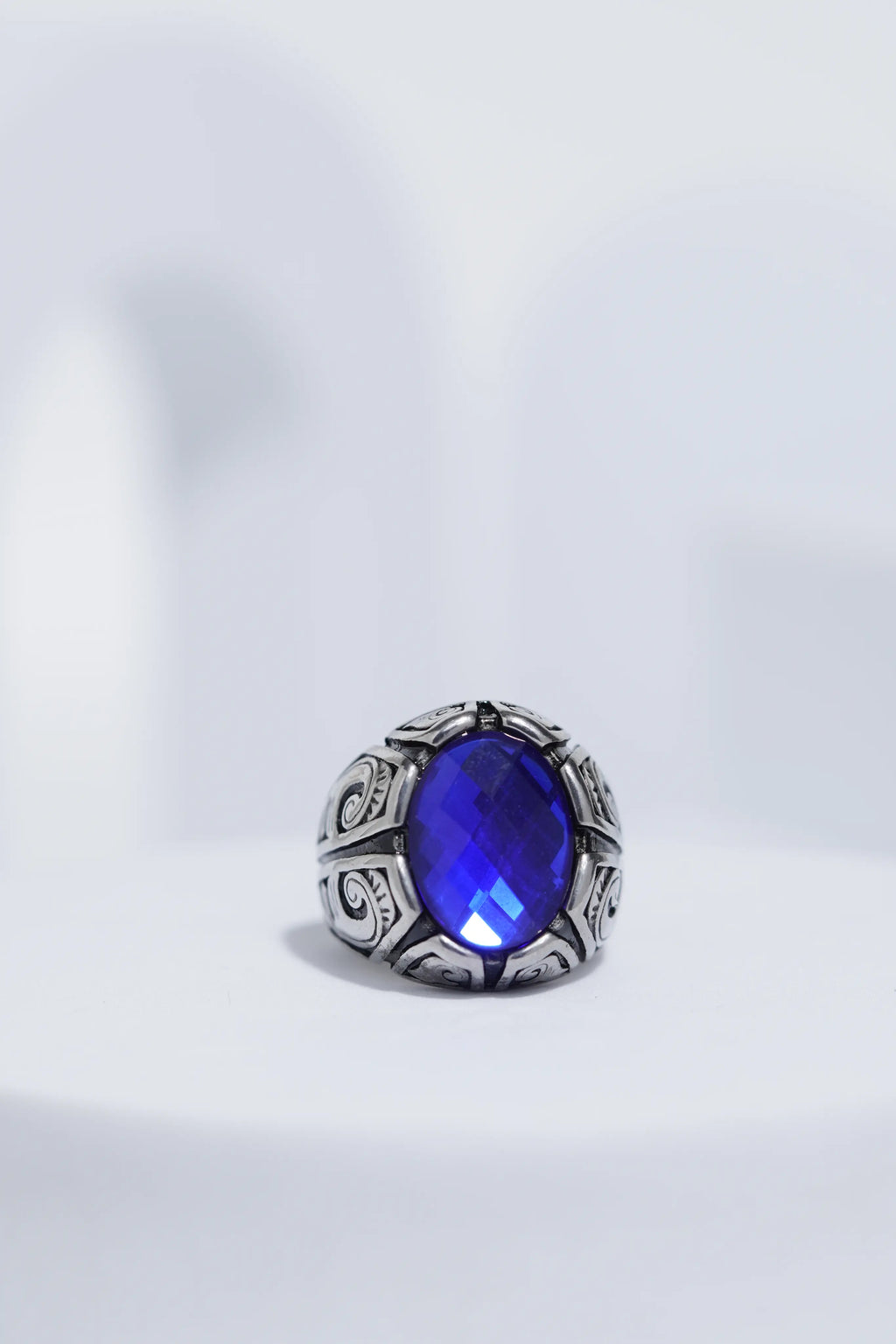 Blue Oval Cut Gem Silver Textured Stainless steel Ring For Men. worldjewel.in men's ring