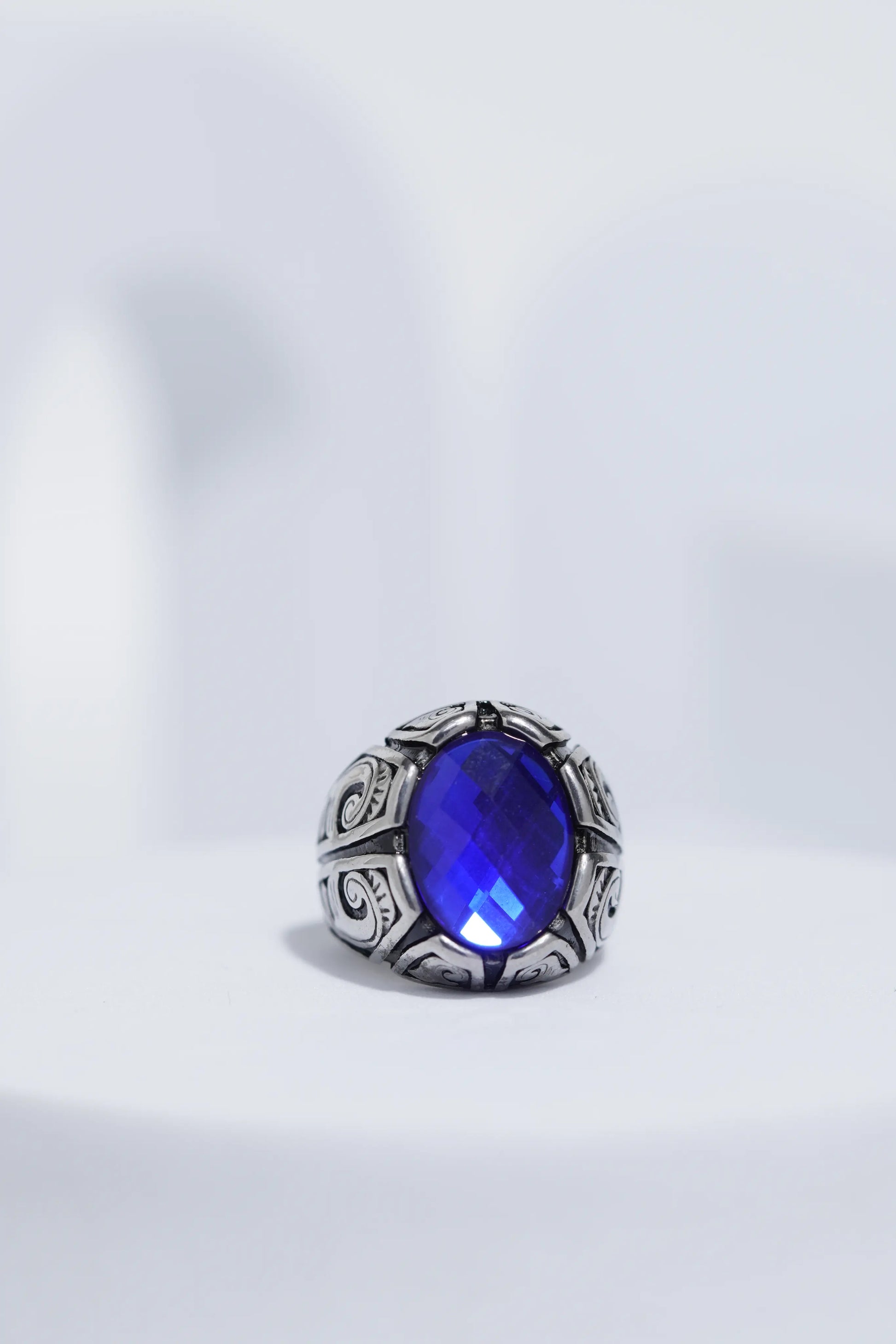 Blue Oval Cut Gem Silver Textured Stainless steel Ring For Men. worldjewel.in men's ring