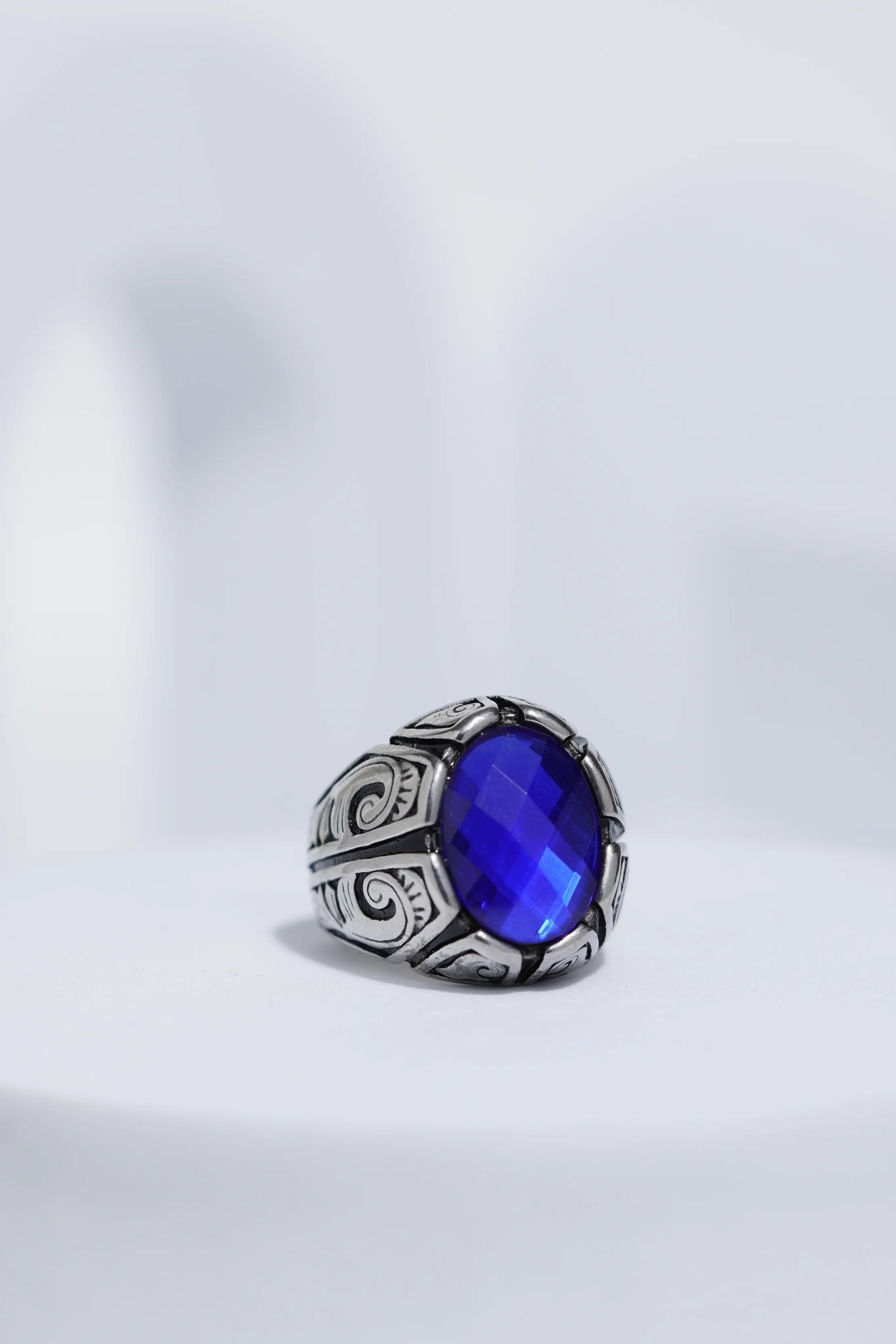 Blue Oval Cut Gem Silver Textured Stainless steel Ring For Men. worldjewel.in men's ring