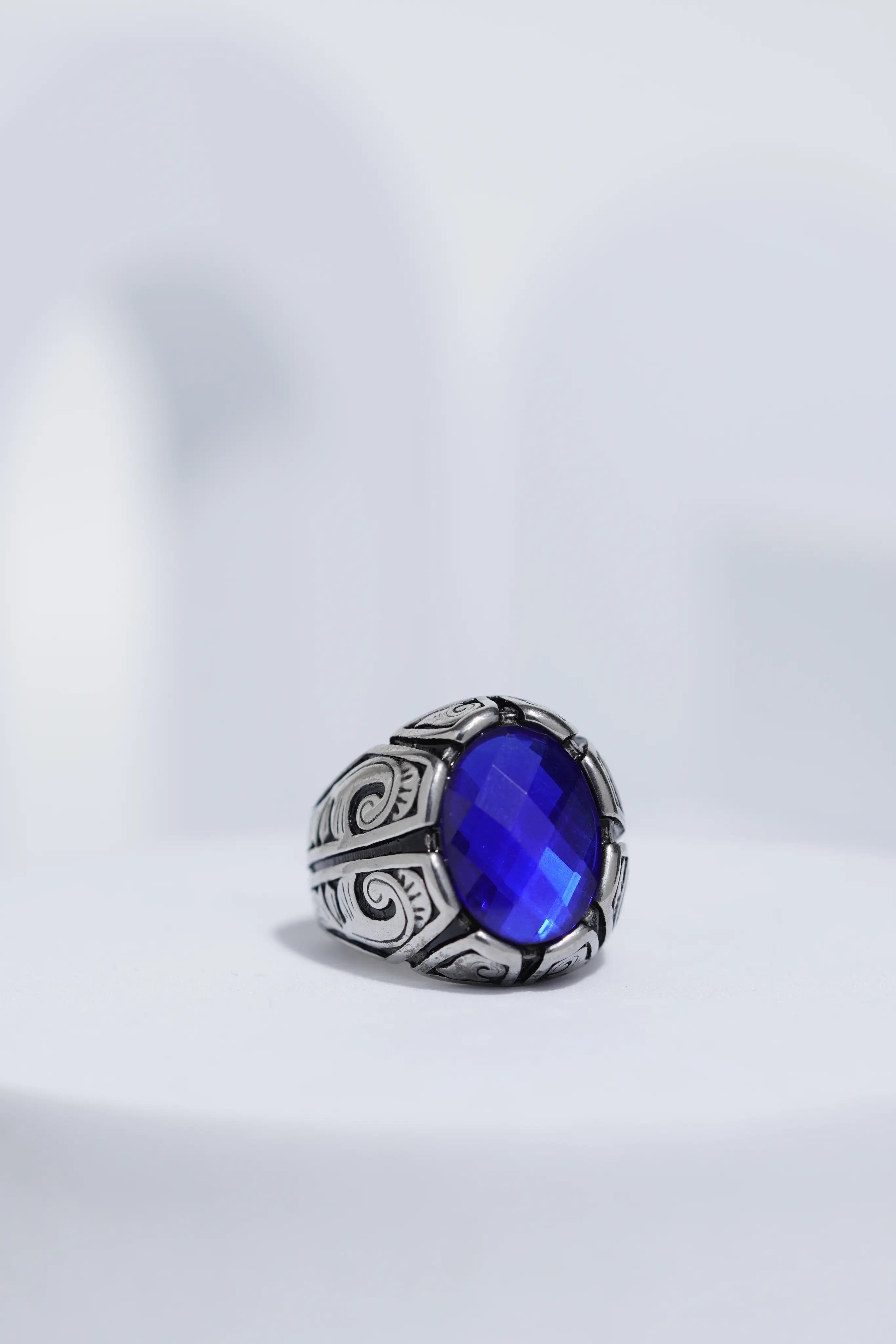 Blue Oval Cut Gem Silver Textured Stainless steel Ring For Men. worldjewel.in men's ring