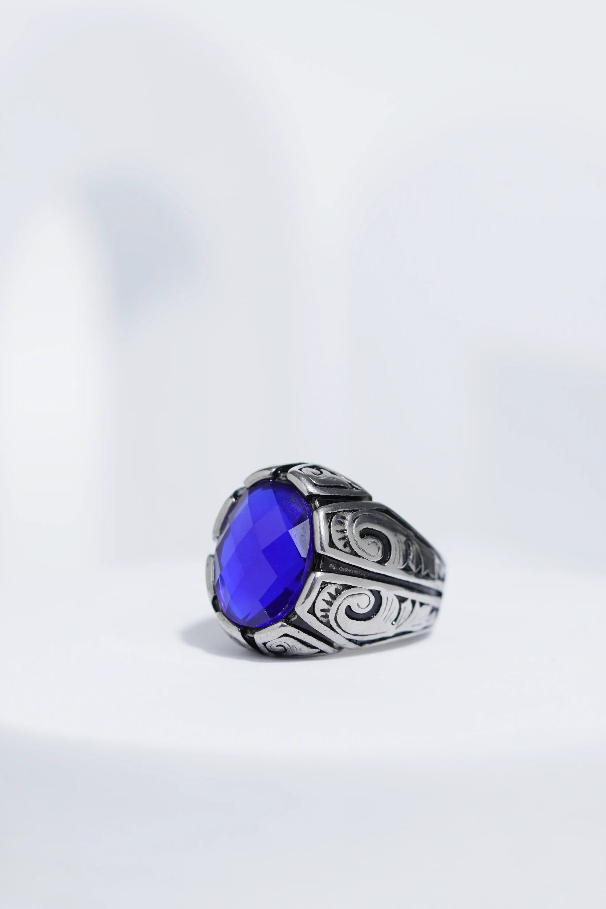 Blue Oval Cut Gem Silver Textured Stainless steel Ring For Men. worldjewel.in men's ring