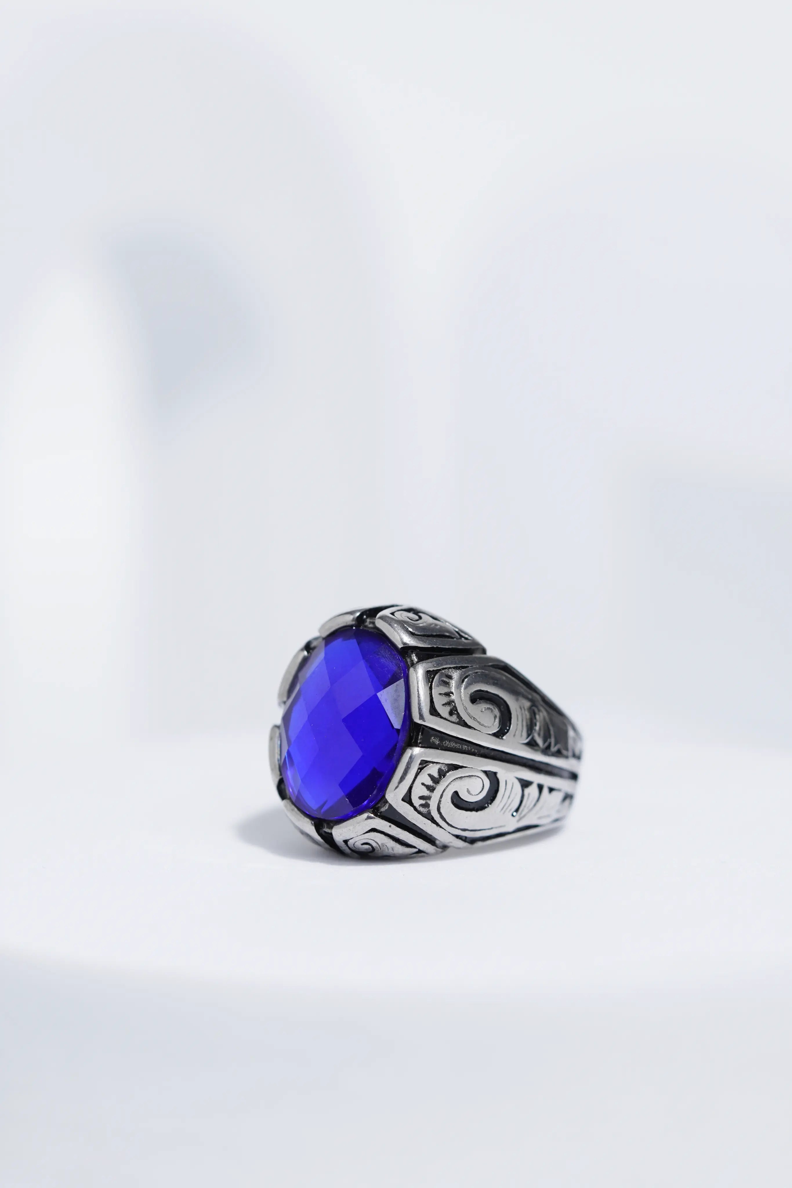 Blue Oval Cut Gem Silver Textured Stainless steel Ring For Men. worldjewel.in men's ring