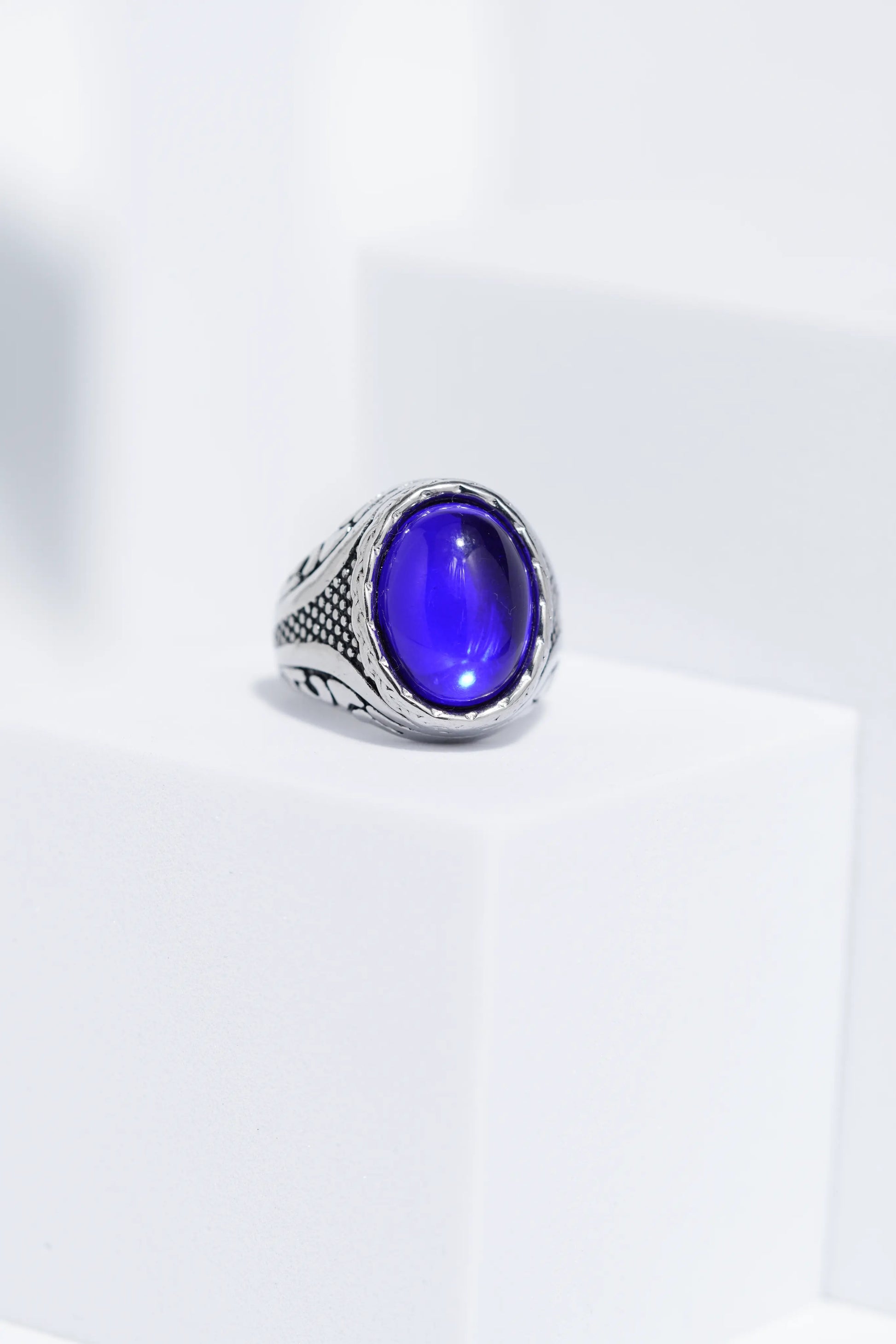 Blue Oval Stone Silver Stainless Steel Ring For Men. worldjewel.in men's ring