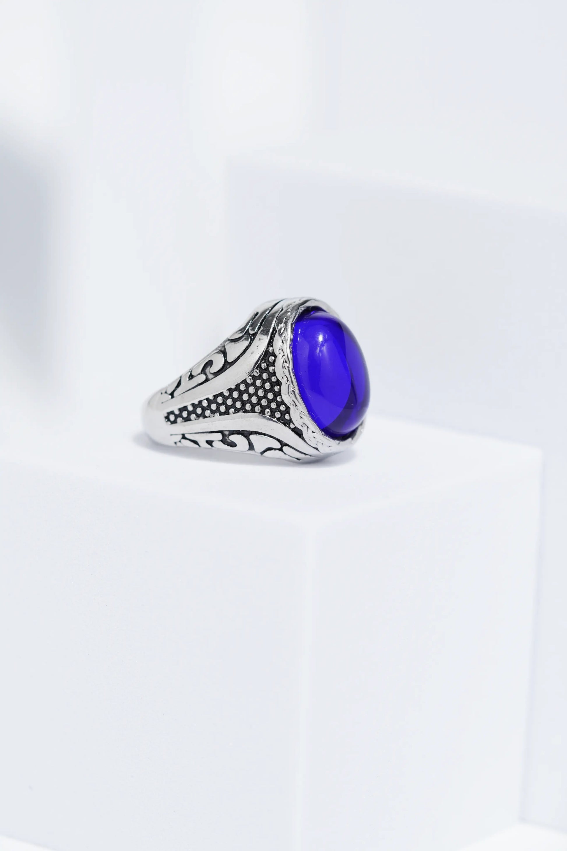 Blue Oval Stone Silver Stainless Steel Ring For Men. worldjewel.in men's ring