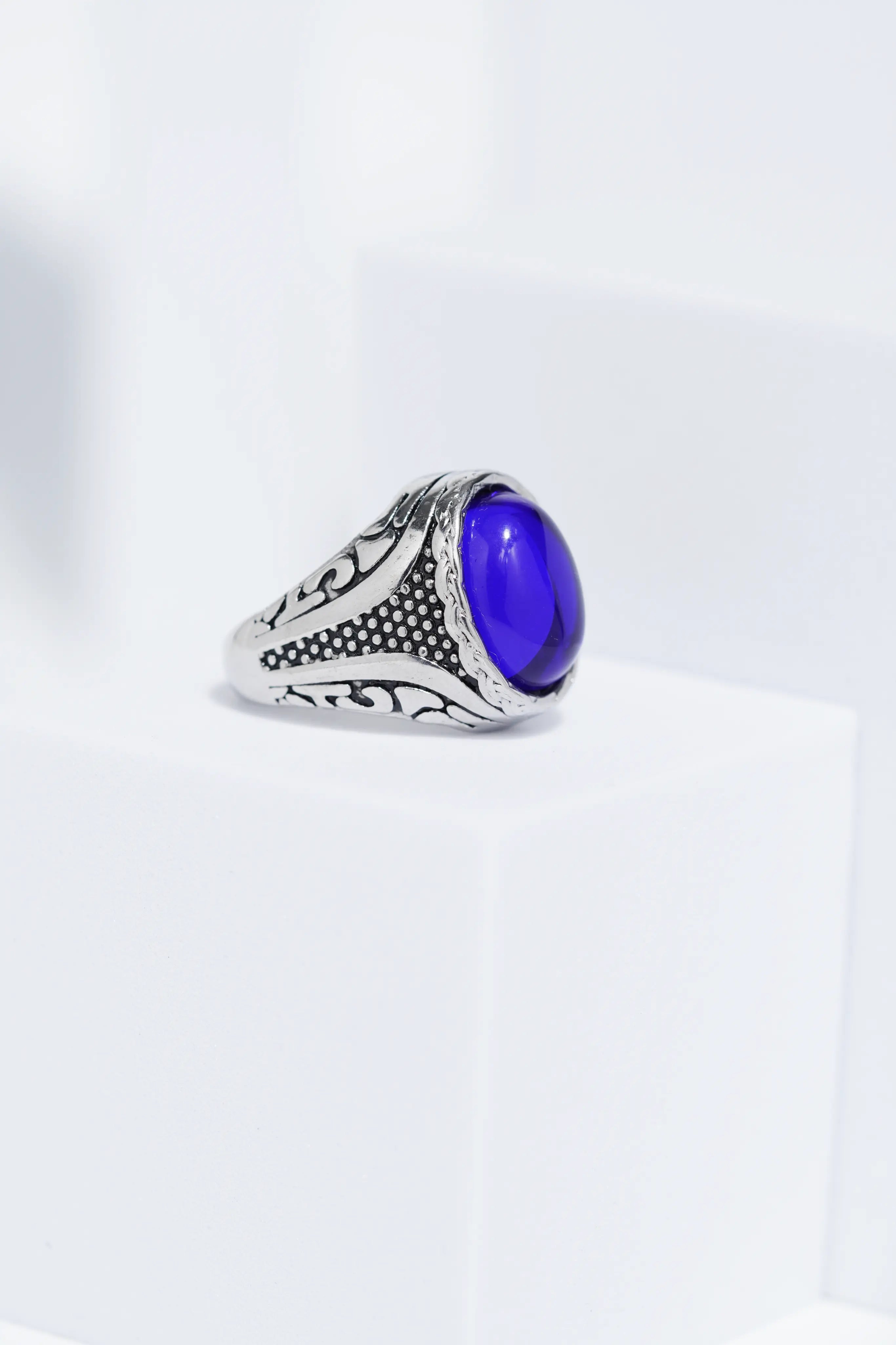 Blue Oval Stone Silver Stainless Steel Ring For Men. worldjewel.in men's ring