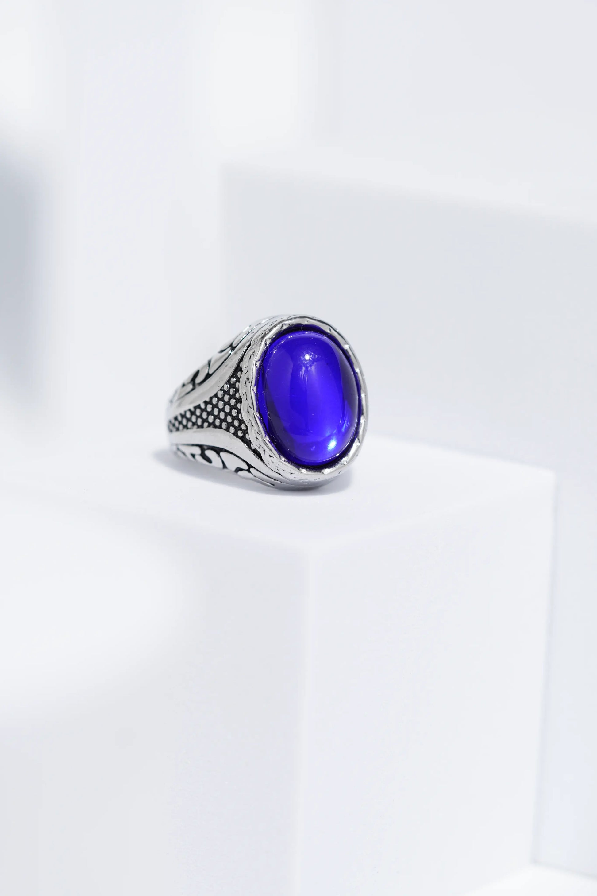 Blue Oval Stone Silver Stainless Steel Ring For Men. worldjewel.in men's ring