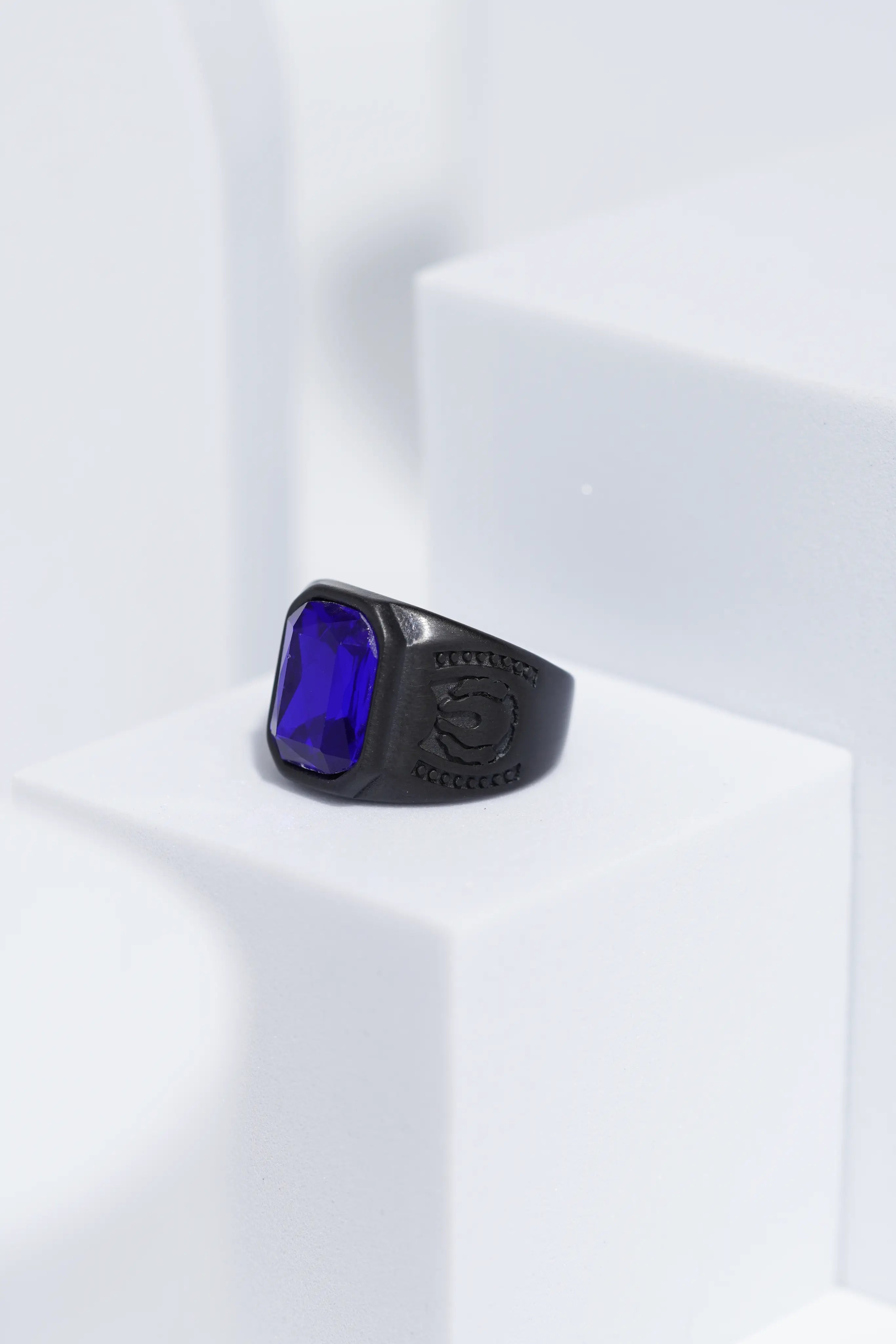 Blue Square Cut Stone Black Stainless Steel Ring For Men. worldjewel.in men's ring