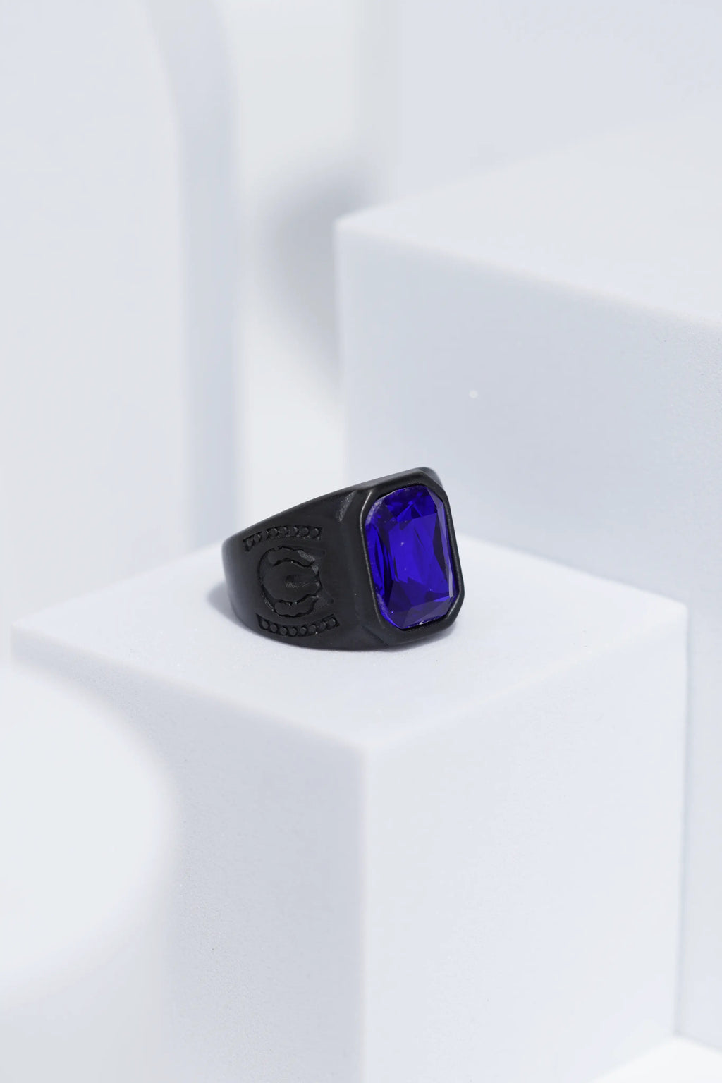 Blue Square Cut Stone Black Stainless Steel Ring For Men. worldjewel.in men's ring