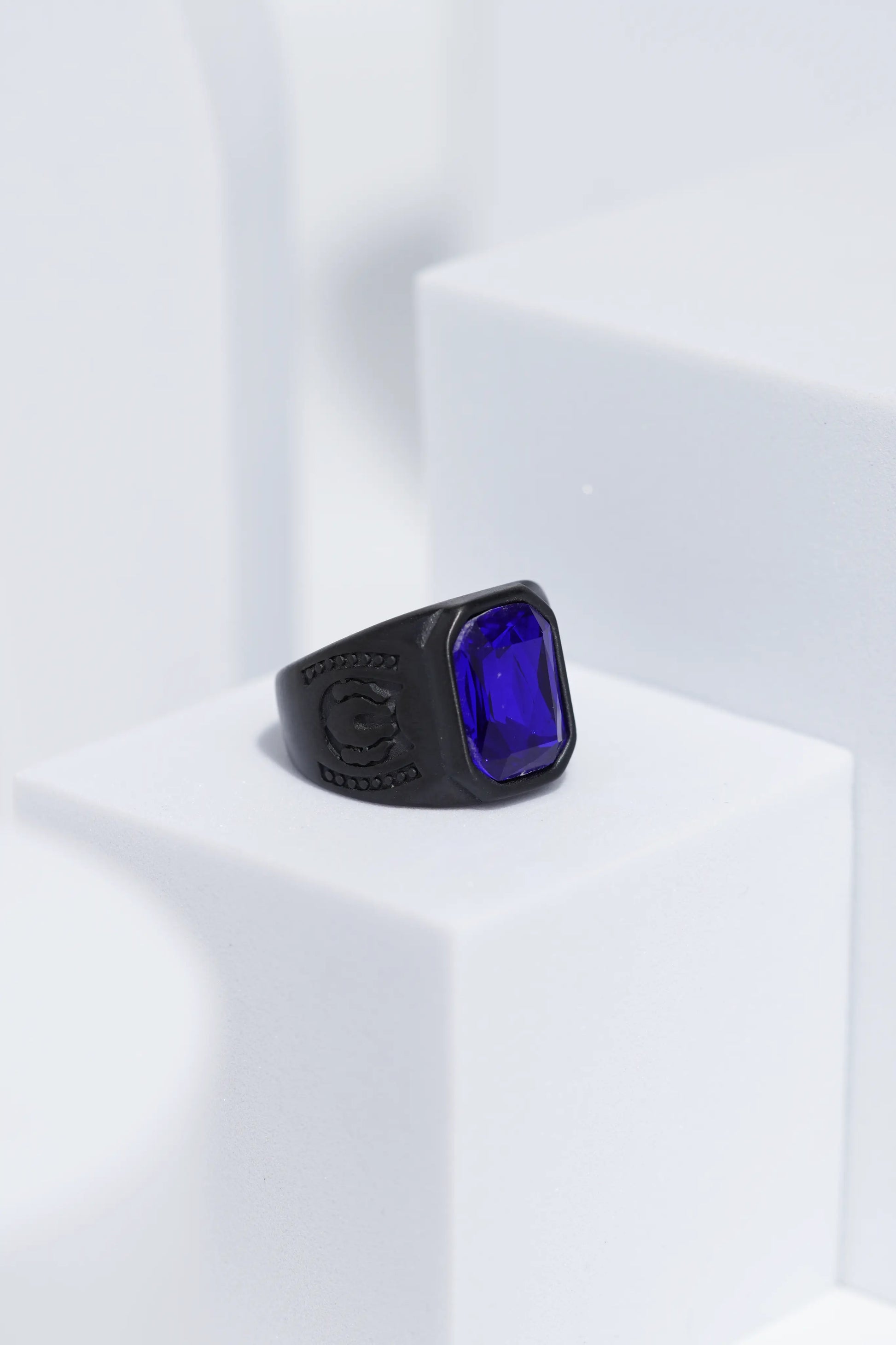 Blue Square Cut Stone Black Stainless Steel Ring For Men. worldjewel.in men's ring