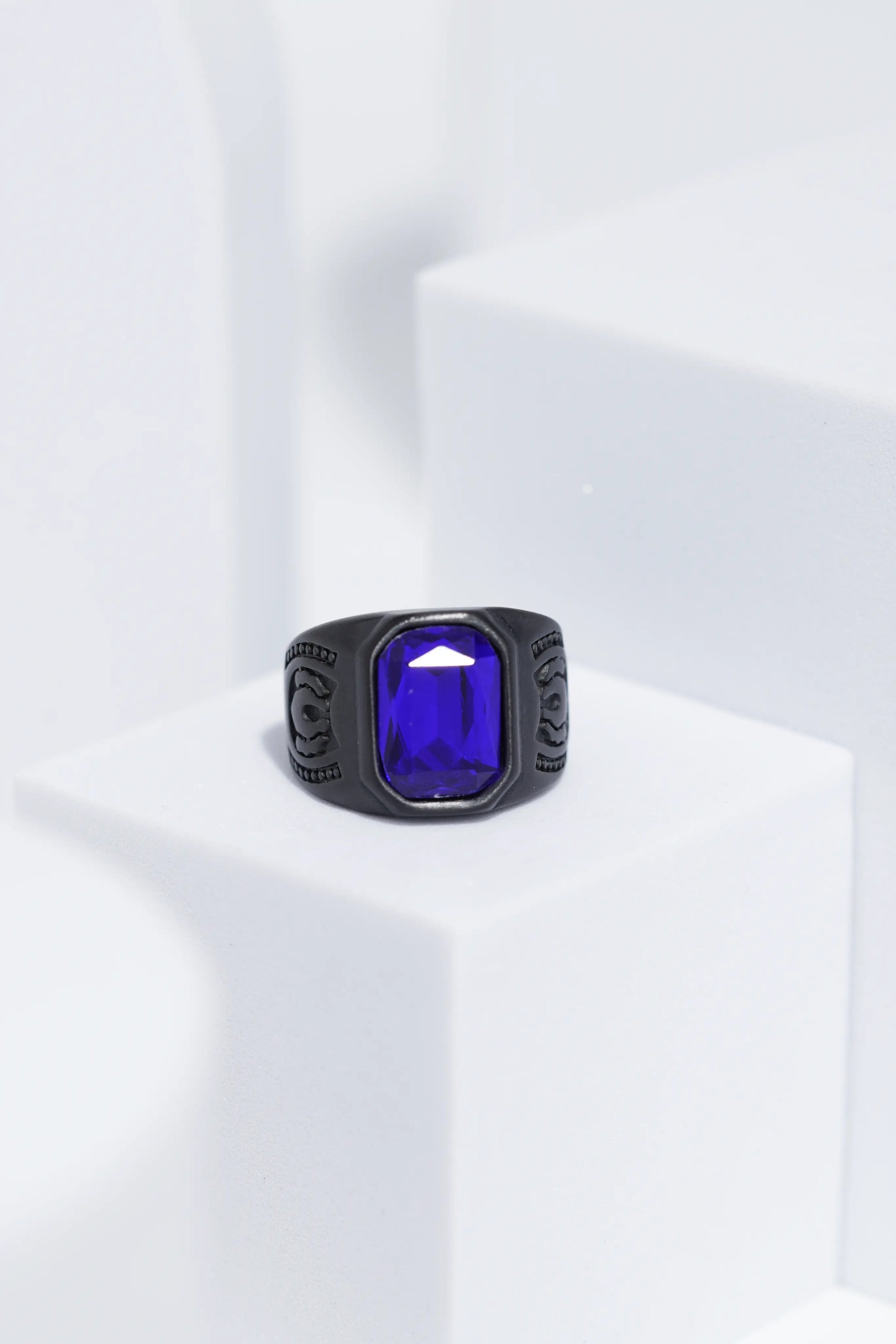 Blue Square Cut Stone Black Stainless Steel Ring For Men. worldjewel.in men's ring