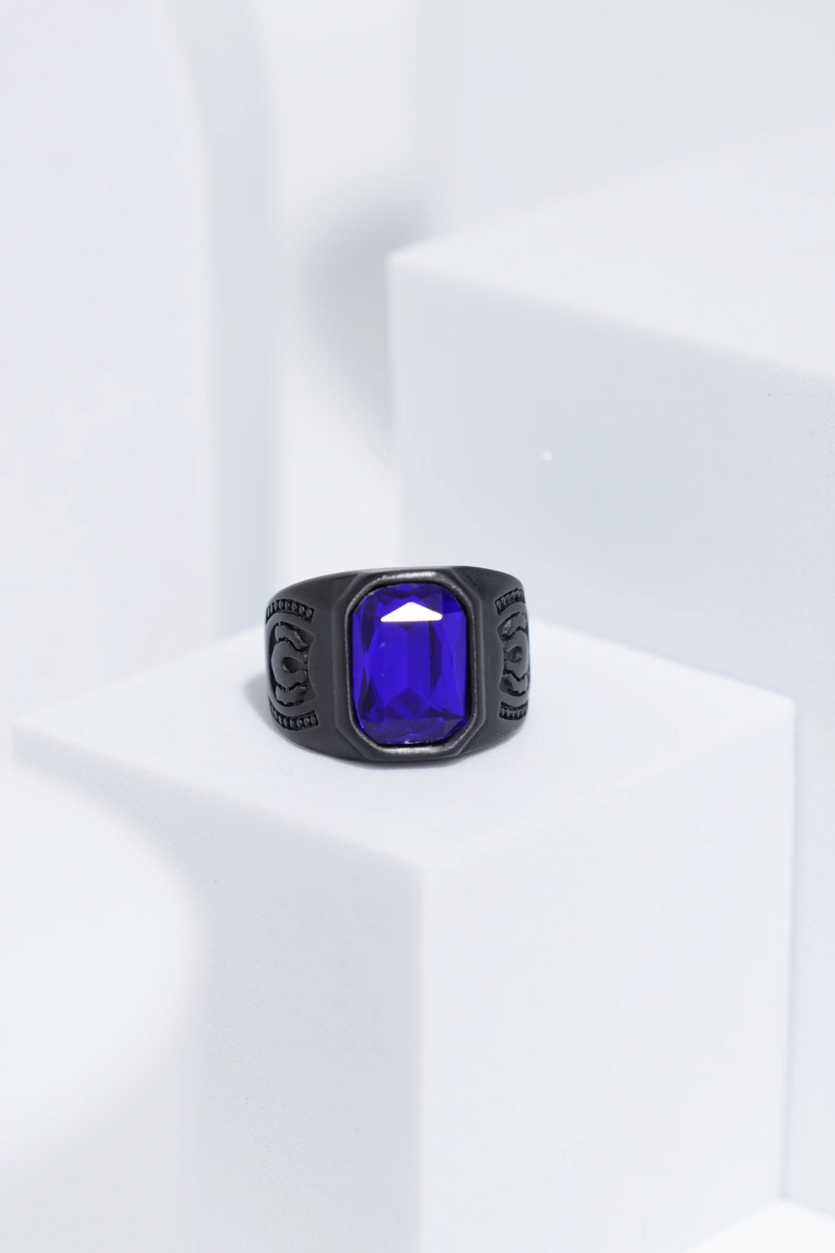 Blue Square Cut Stone Black Stainless Steel Ring For Men. worldjewel.in men's ring