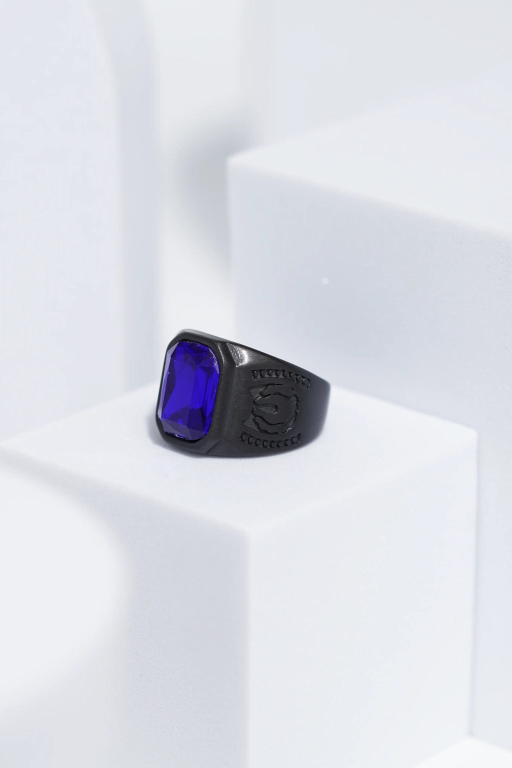 Blue Square Cut Stone Black Stainless Steel Ring For Men. worldjewel.in men's ring
