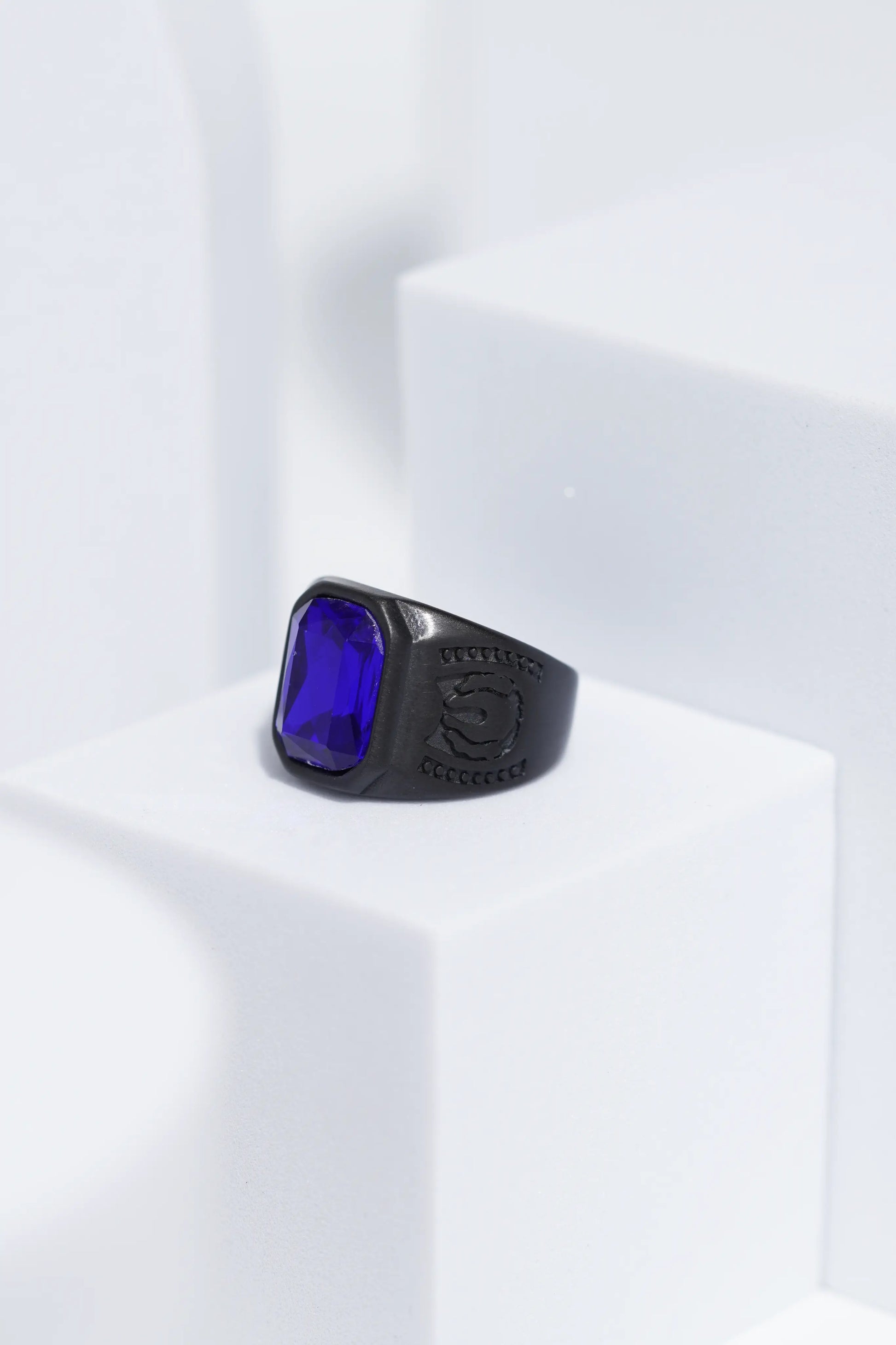 Blue Square Cut Stone Black Stainless Steel Ring For Men. worldjewel.in men's ring