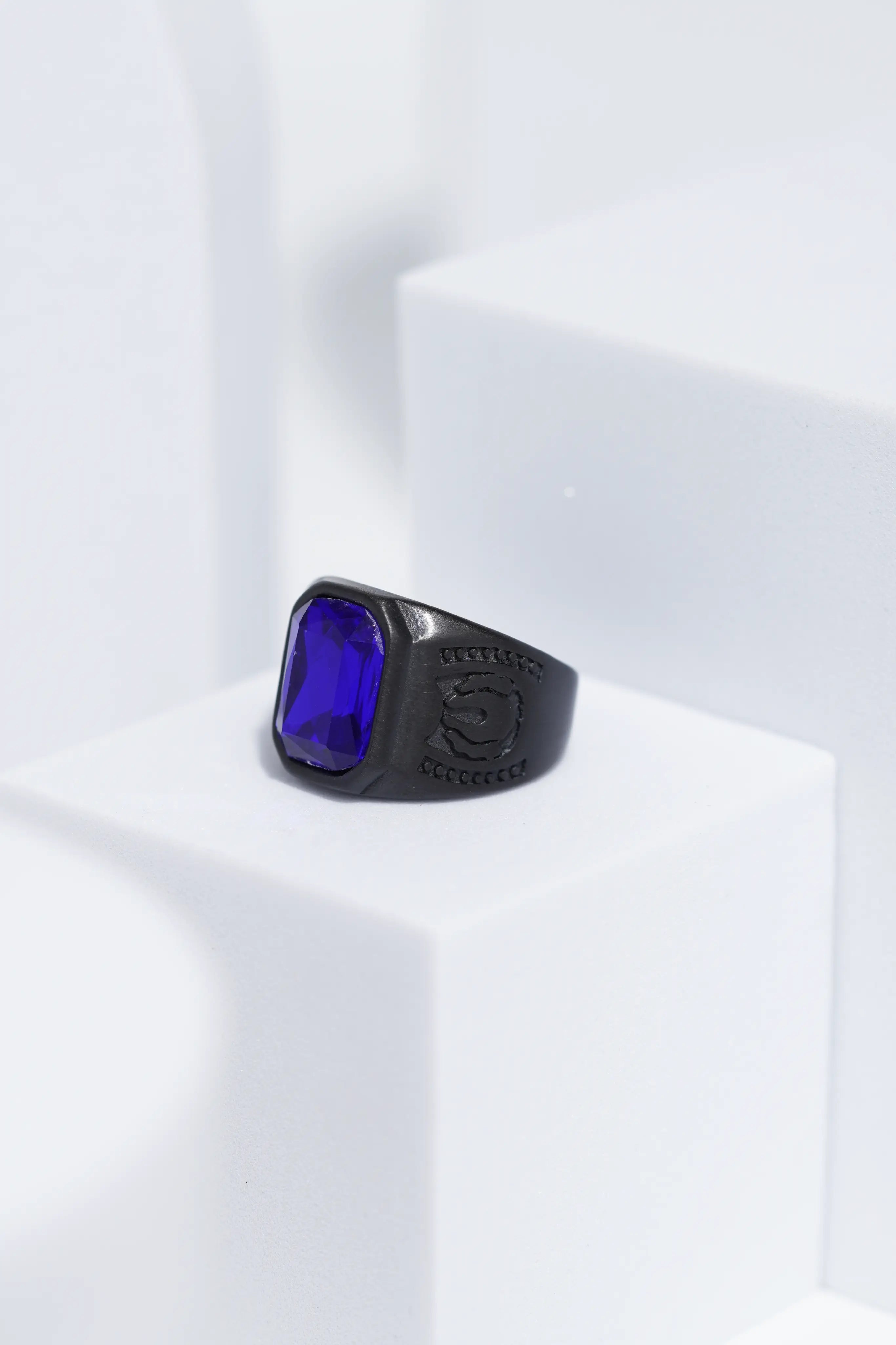 Blue Square Cut Stone Black Stainless Steel Ring For Men. worldjewel.in men's ring