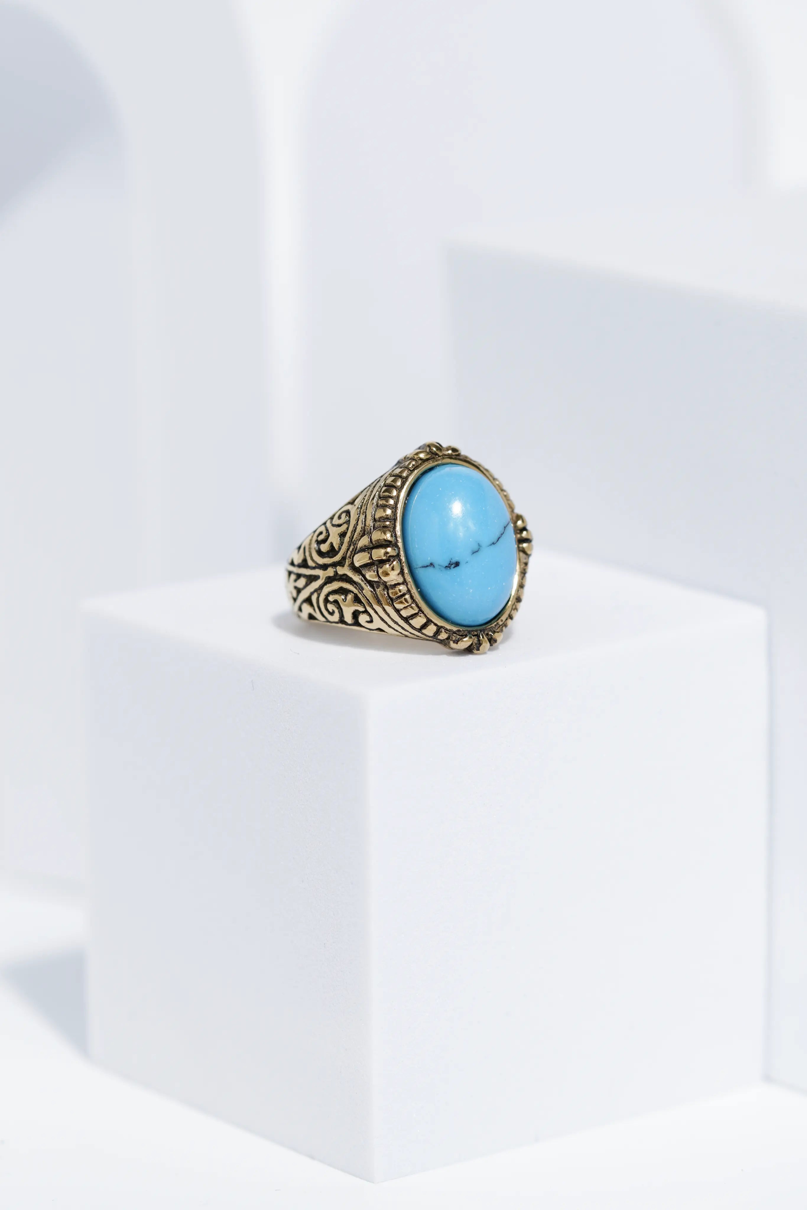 Blue Stone Golden Textured Stainless Steel Ring For Men. worldjewel.in men's ring