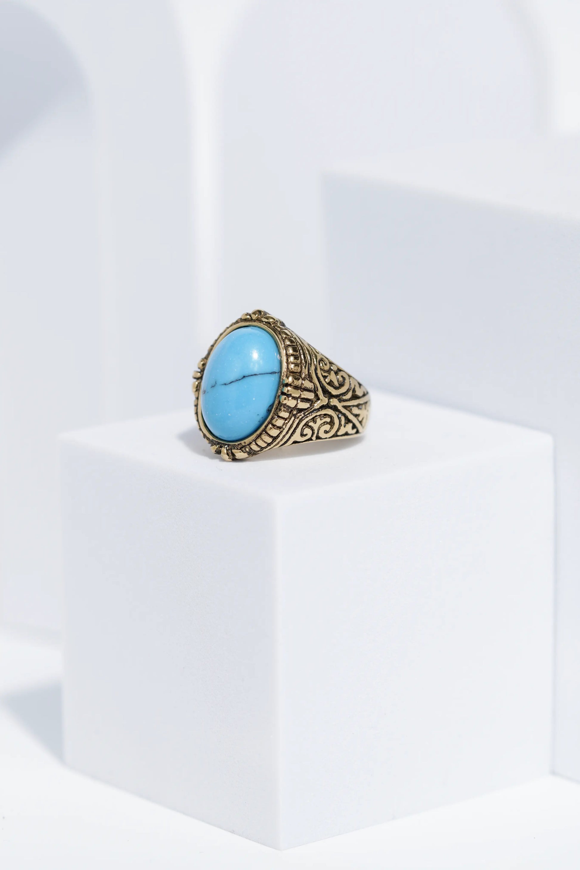 Blue Stone Golden Textured Stainless Steel Ring For Men. worldjewel.in men's ring