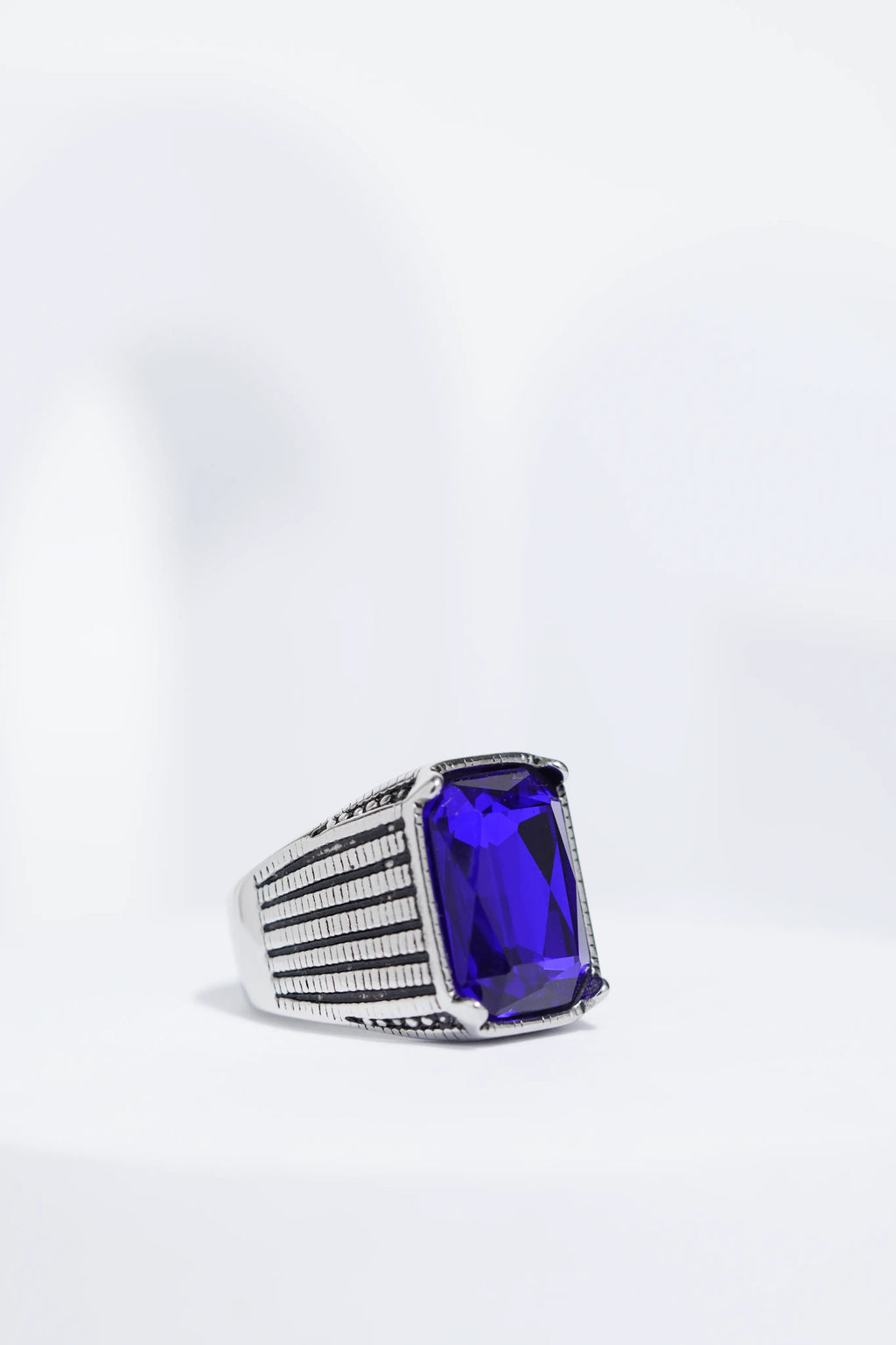 Blue Stone Rectangle Silver Textured Turkish Ring For Men. worldjewel.in men's ring