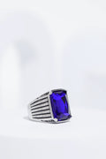 Blue Stone Rectangle Silver Textured Turkish Ring For Men. worldjewel.in men's ring