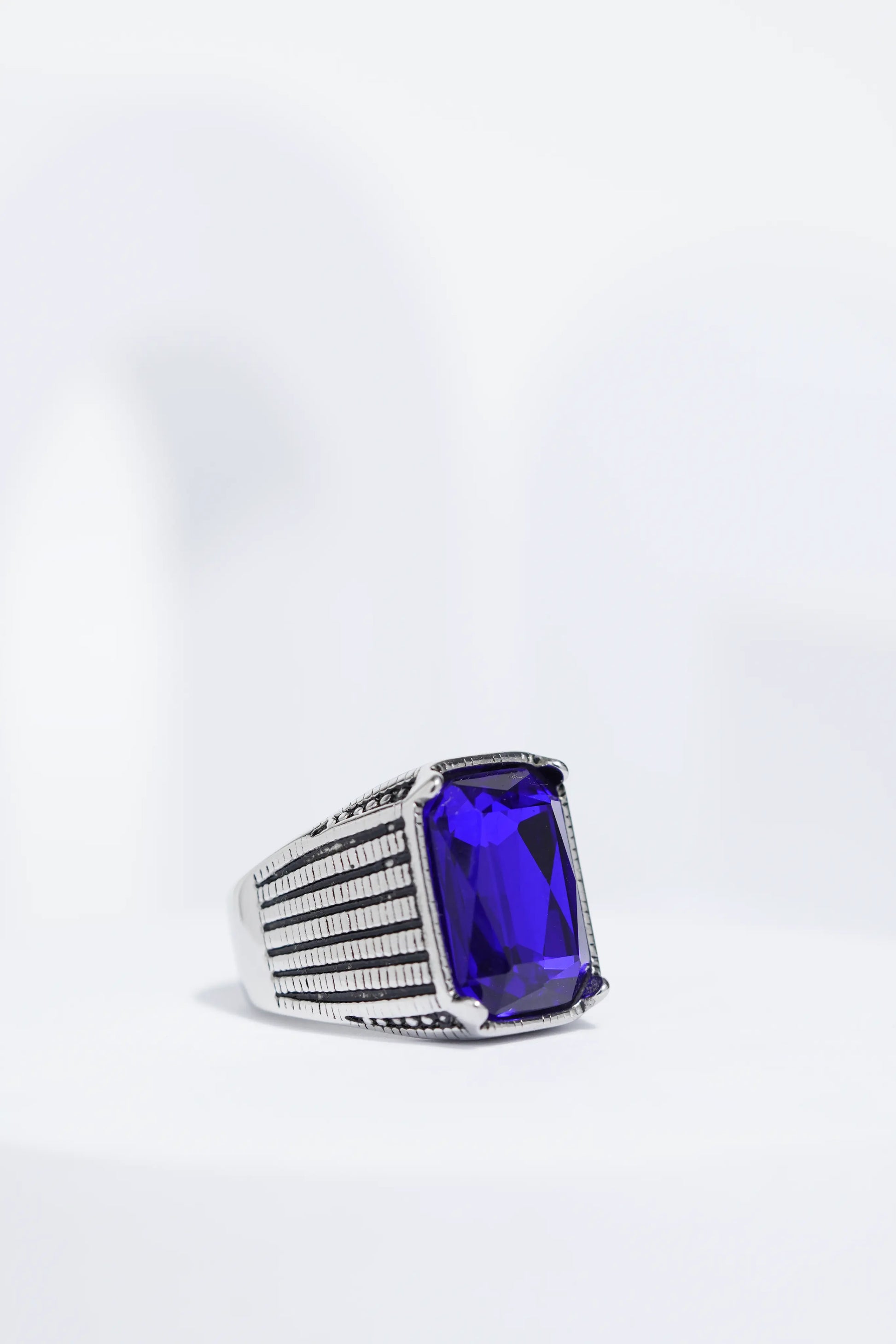 Blue Stone Rectangle Silver Textured Turkish Ring For Men. worldjewel.in men's ring