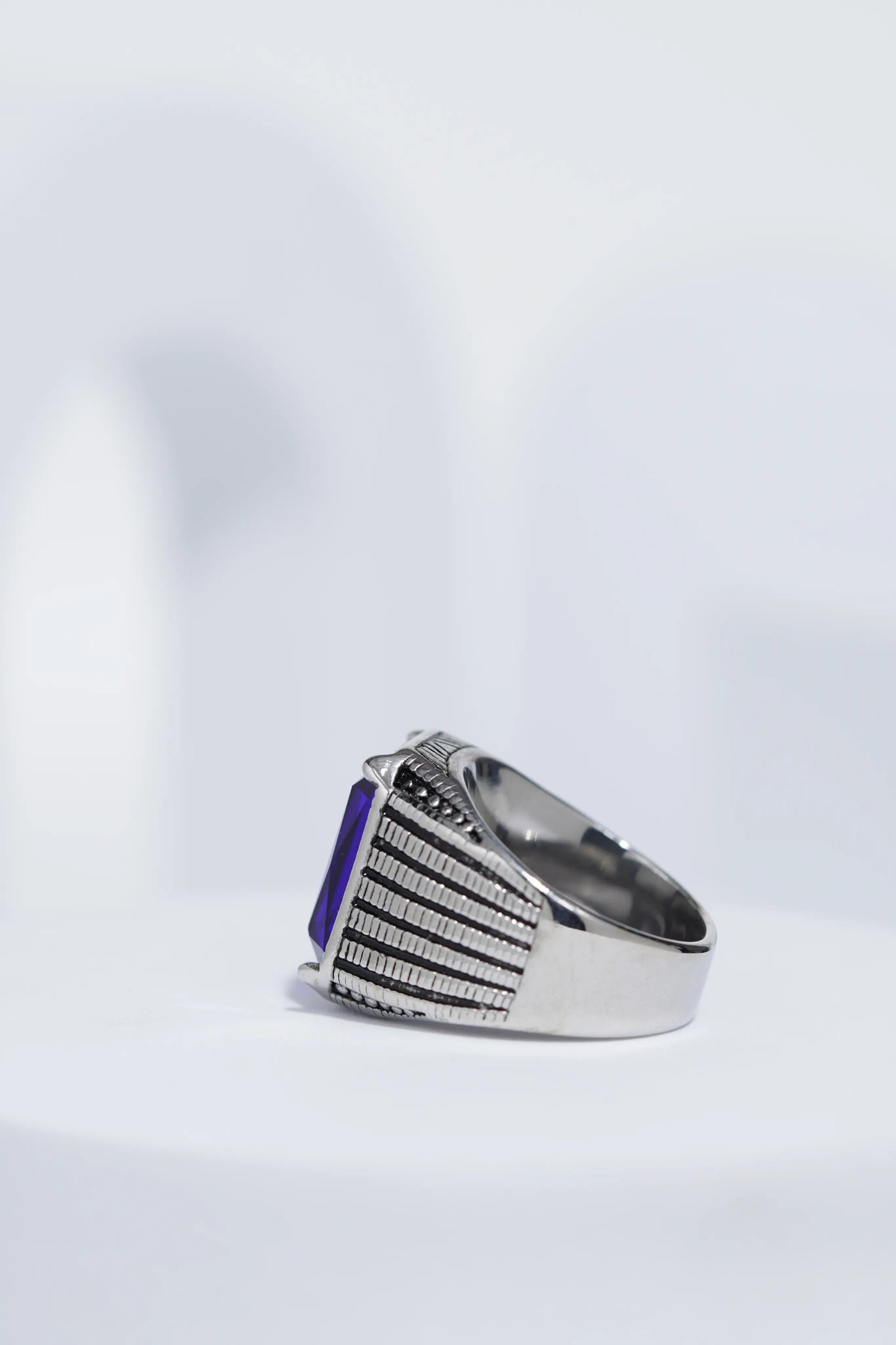 Blue Stone Rectangle Silver Textured Turkish Ring For Men. worldjewel.in men's ring