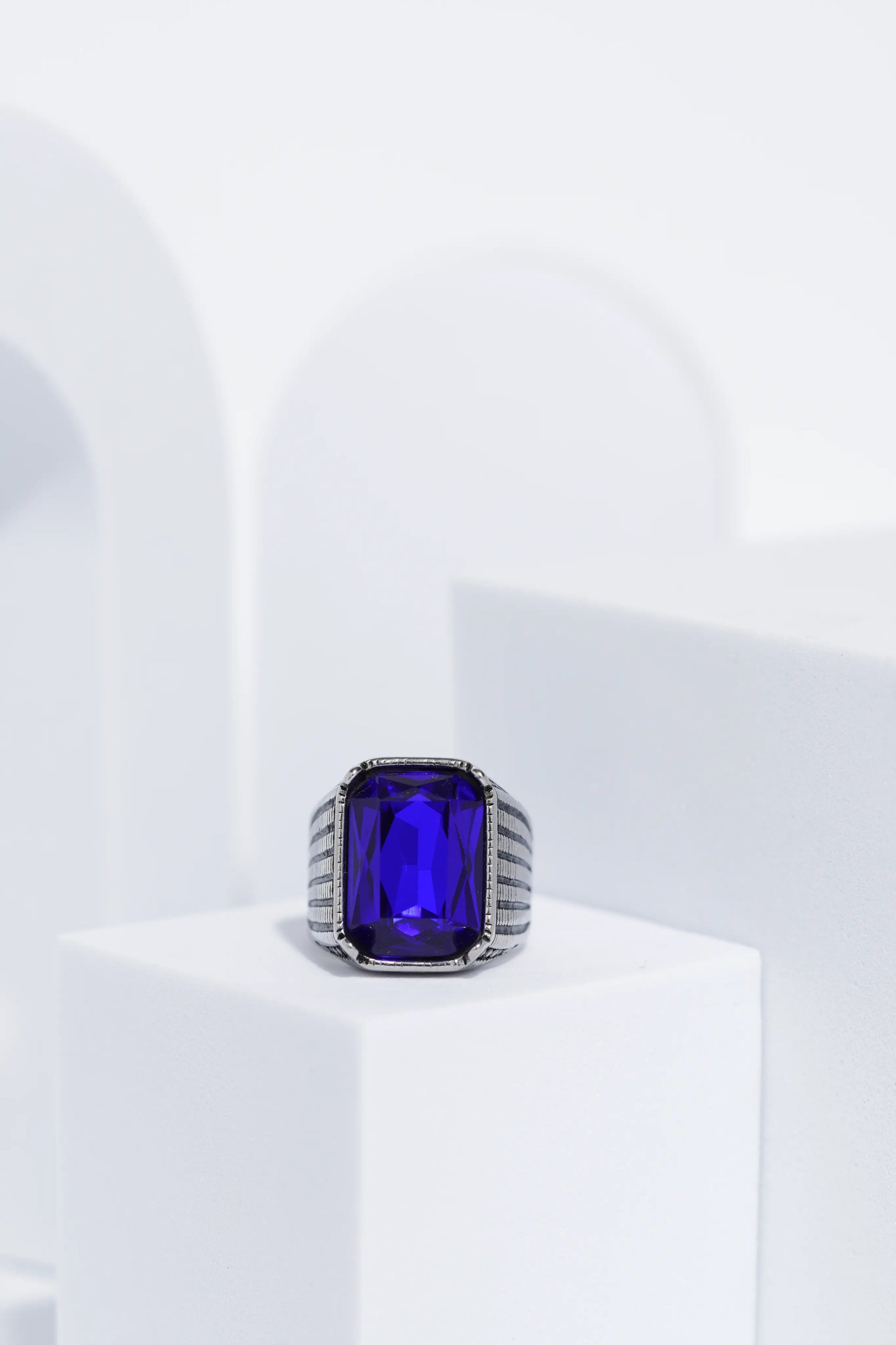 Blue Stone Rectangle Silver Textured Turkish Ring For Men. worldjewel.in men's ring