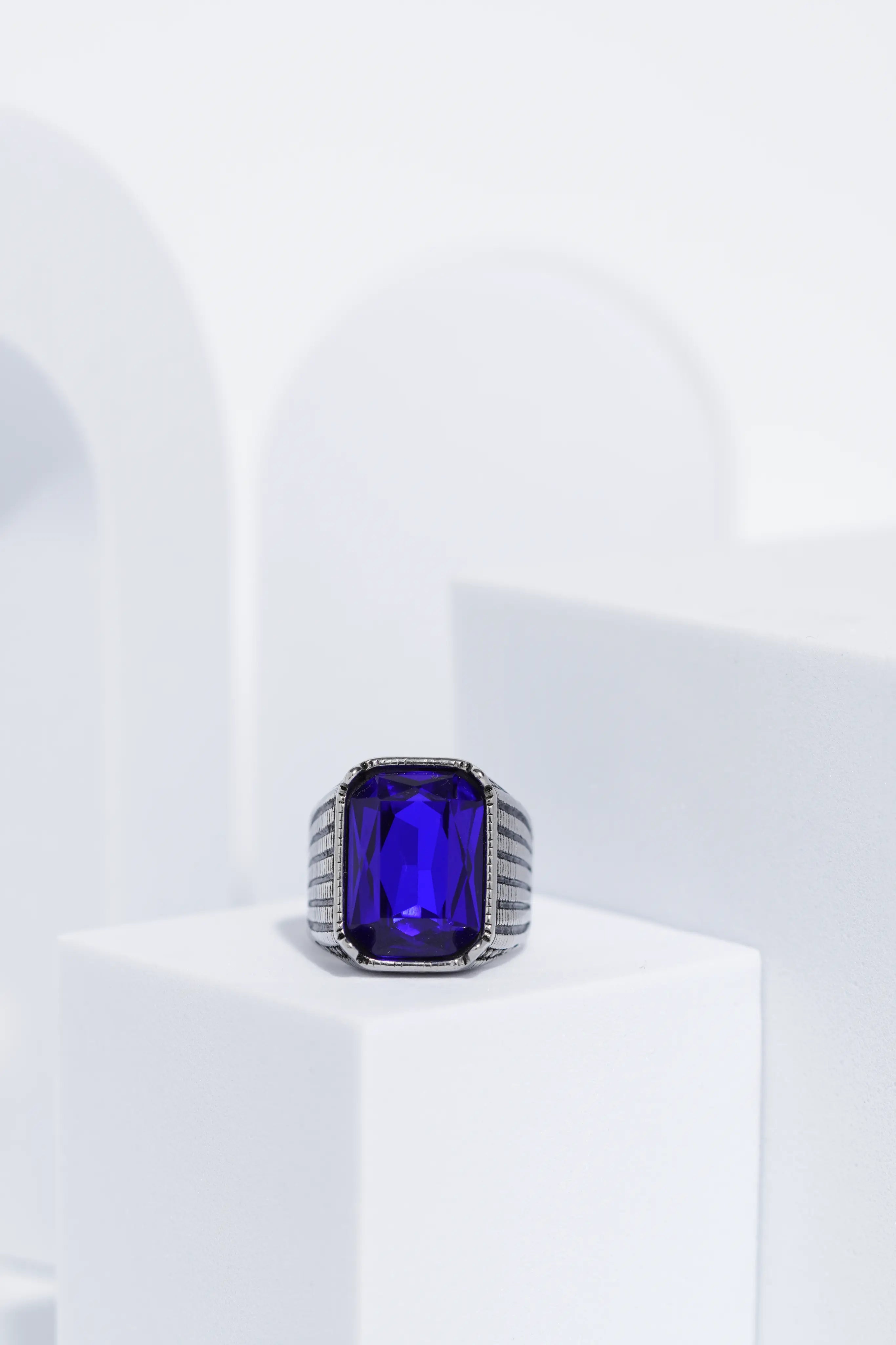 Blue Stone Rectangle Silver Textured Turkish Ring For Men. worldjewel.in men's ring
