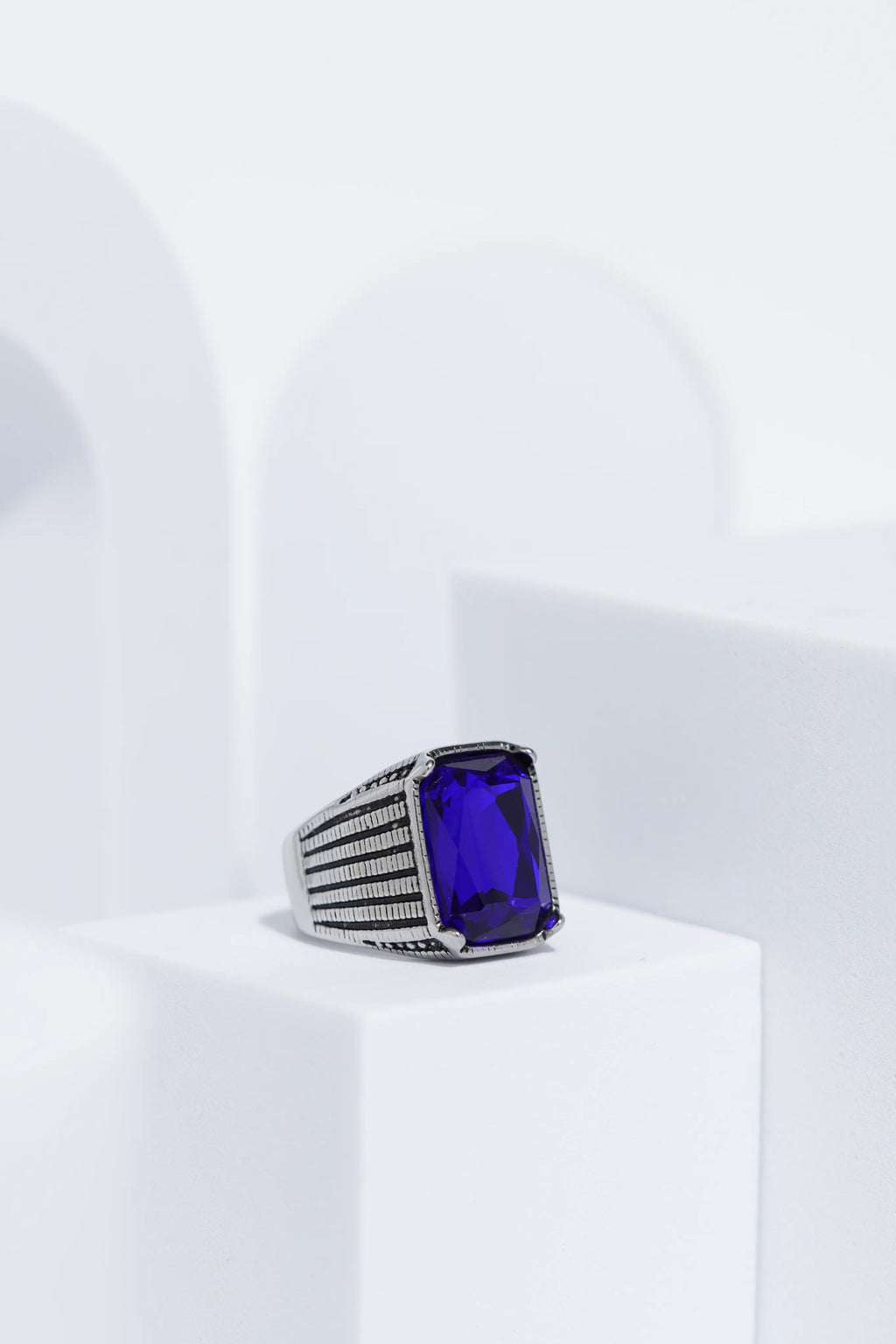 Blue Stone Rectangle Silver Textured Turkish Ring For Men. worldjewel.in men's ring
