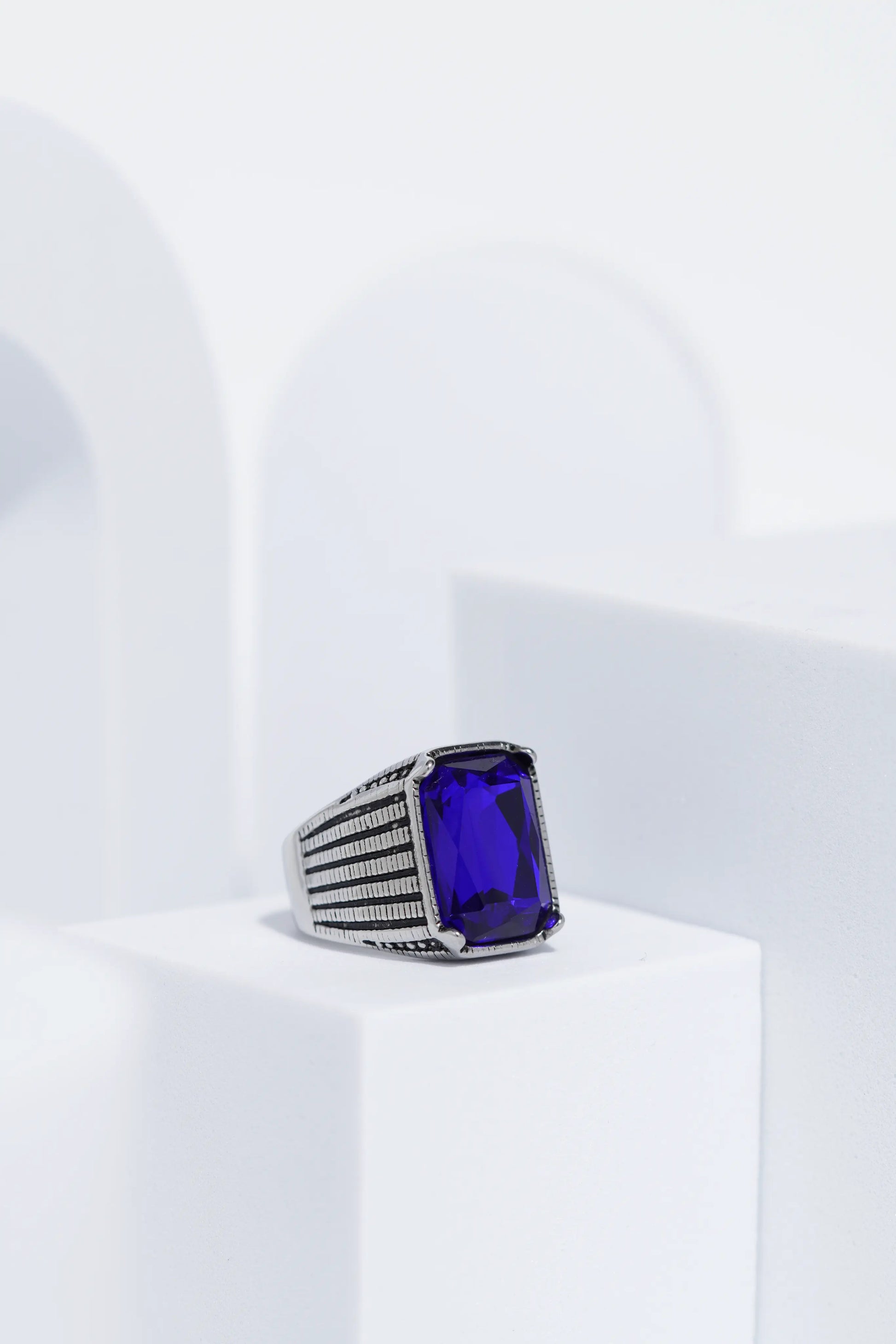 Blue Stone Rectangle Silver Textured Turkish Ring For Men. worldjewel.in men's ring