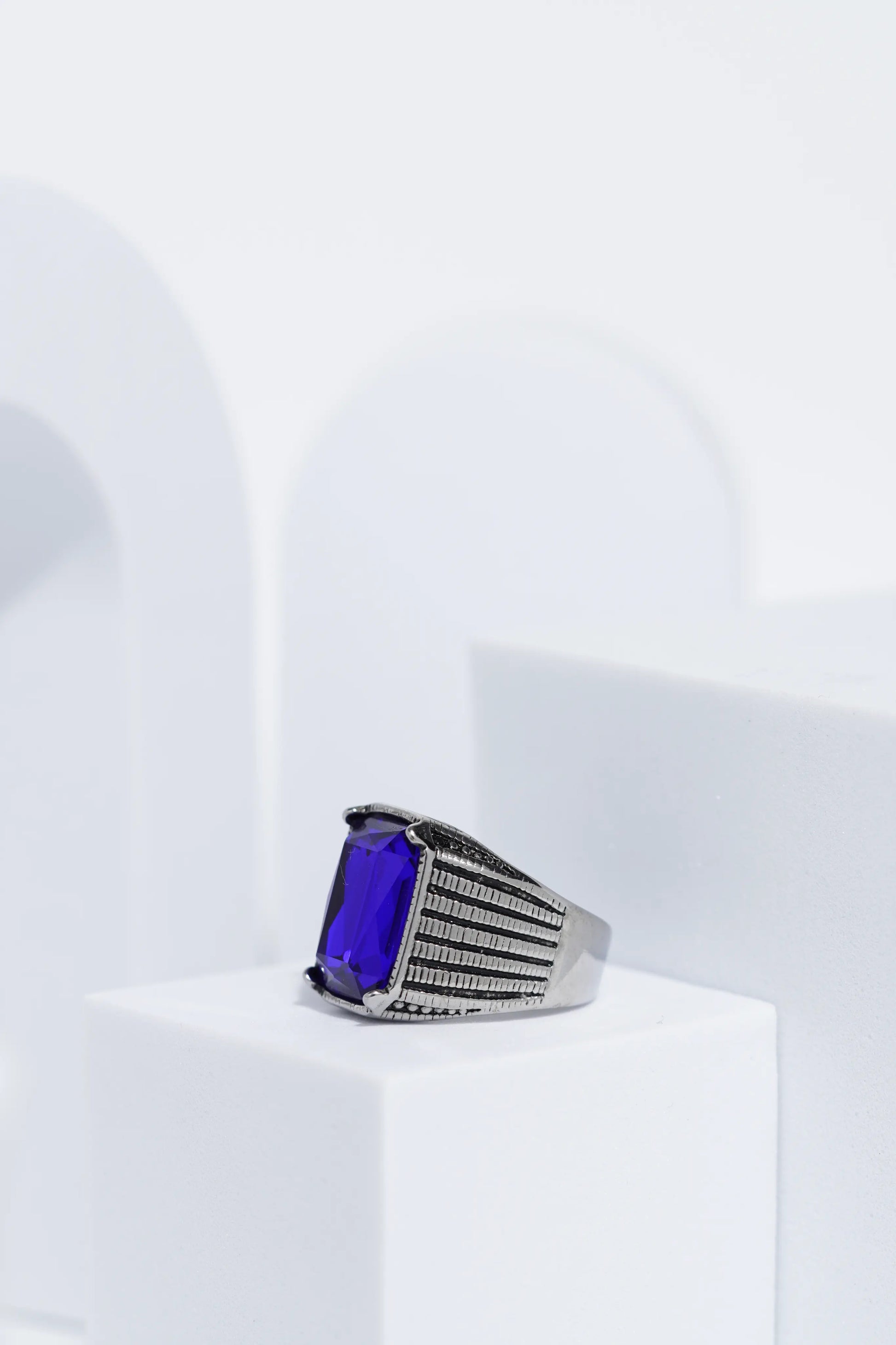 Blue Stone Rectangle Silver Textured Turkish Ring For Men. worldjewel.in men's ring