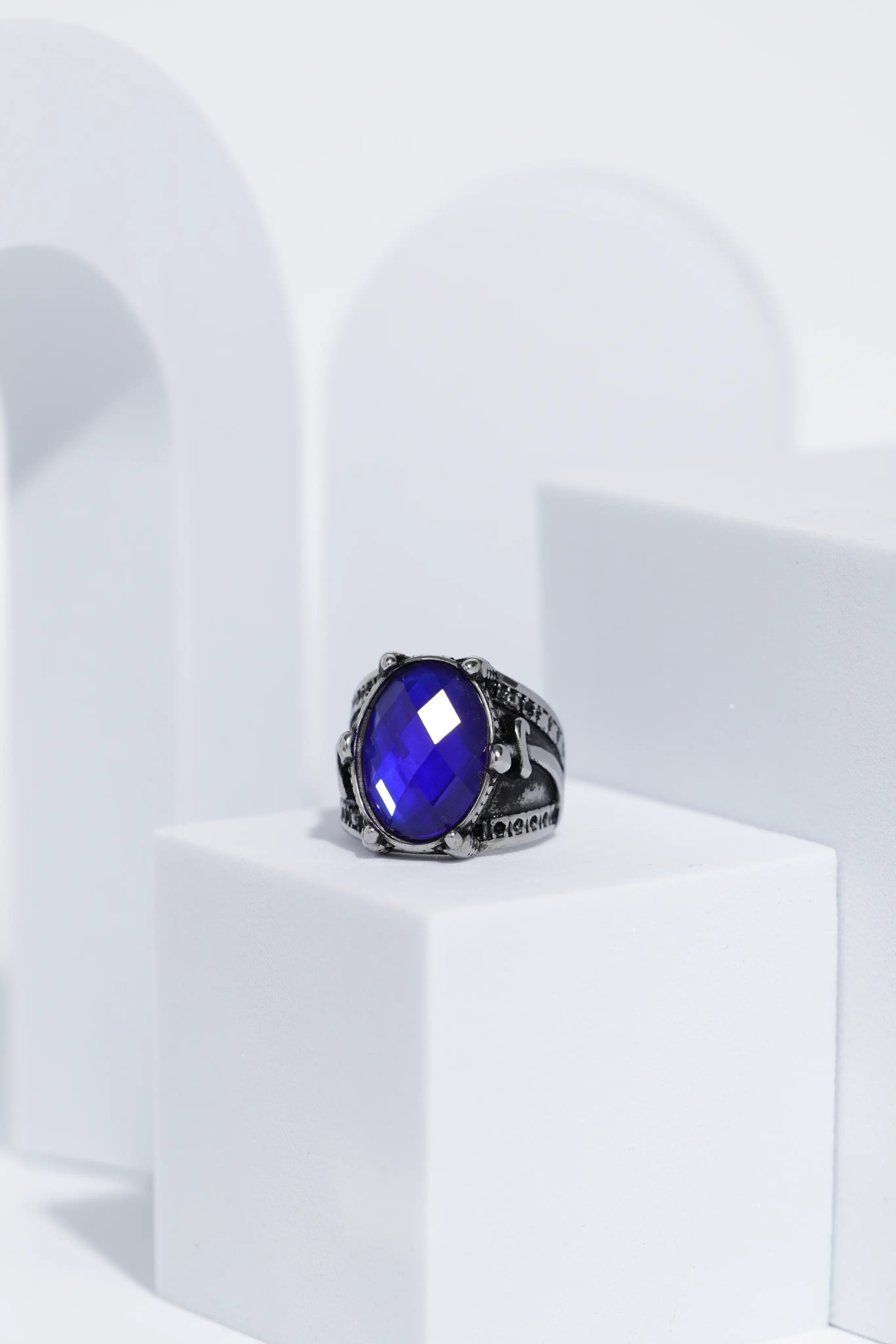 Blue Stone Silver Stone Textured Stainless Steel Ring For Men. worldjewel.in men's ring