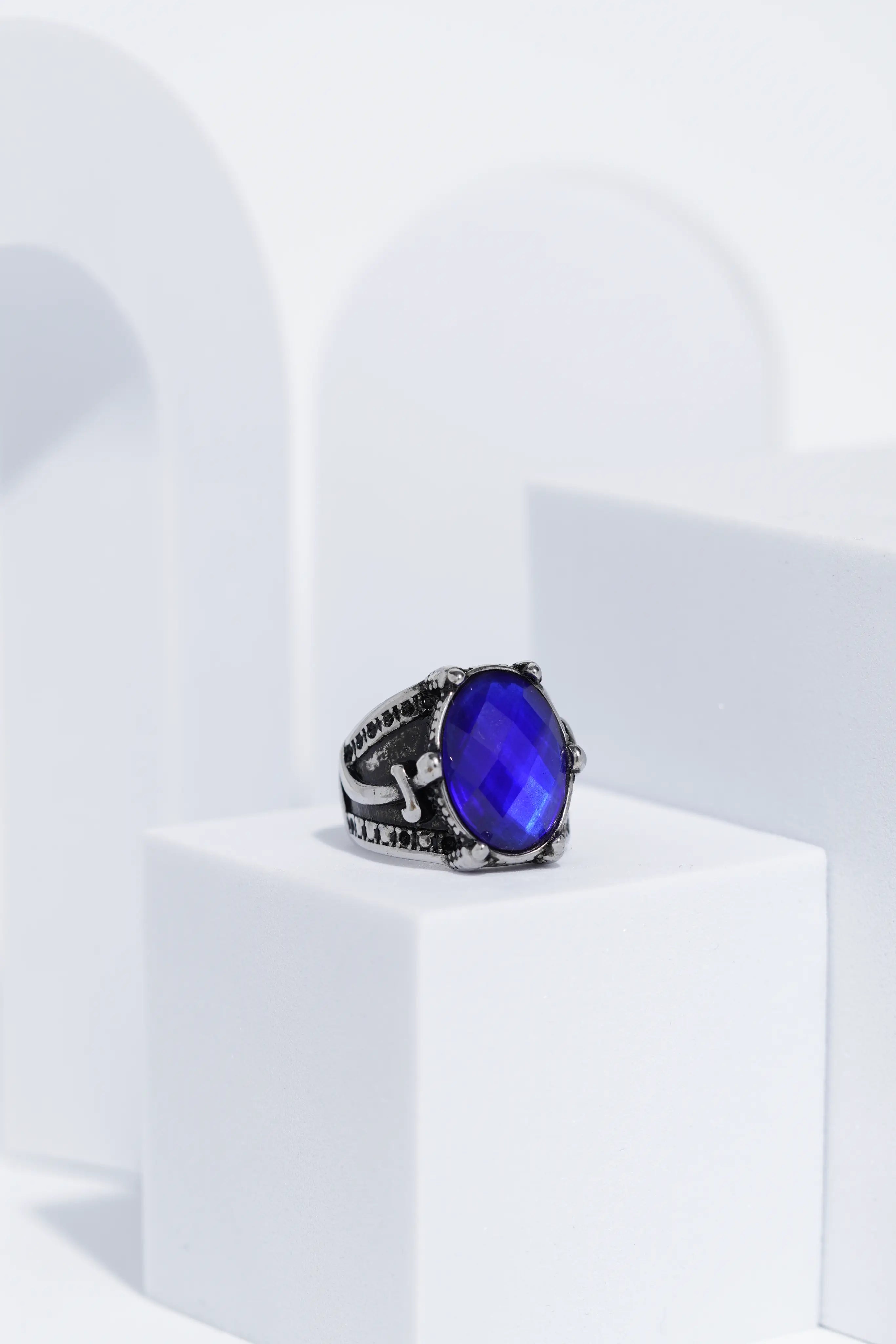 Blue Stone Silver Stone Textured Stainless Steel Ring For Men. worldjewel.in men's ring