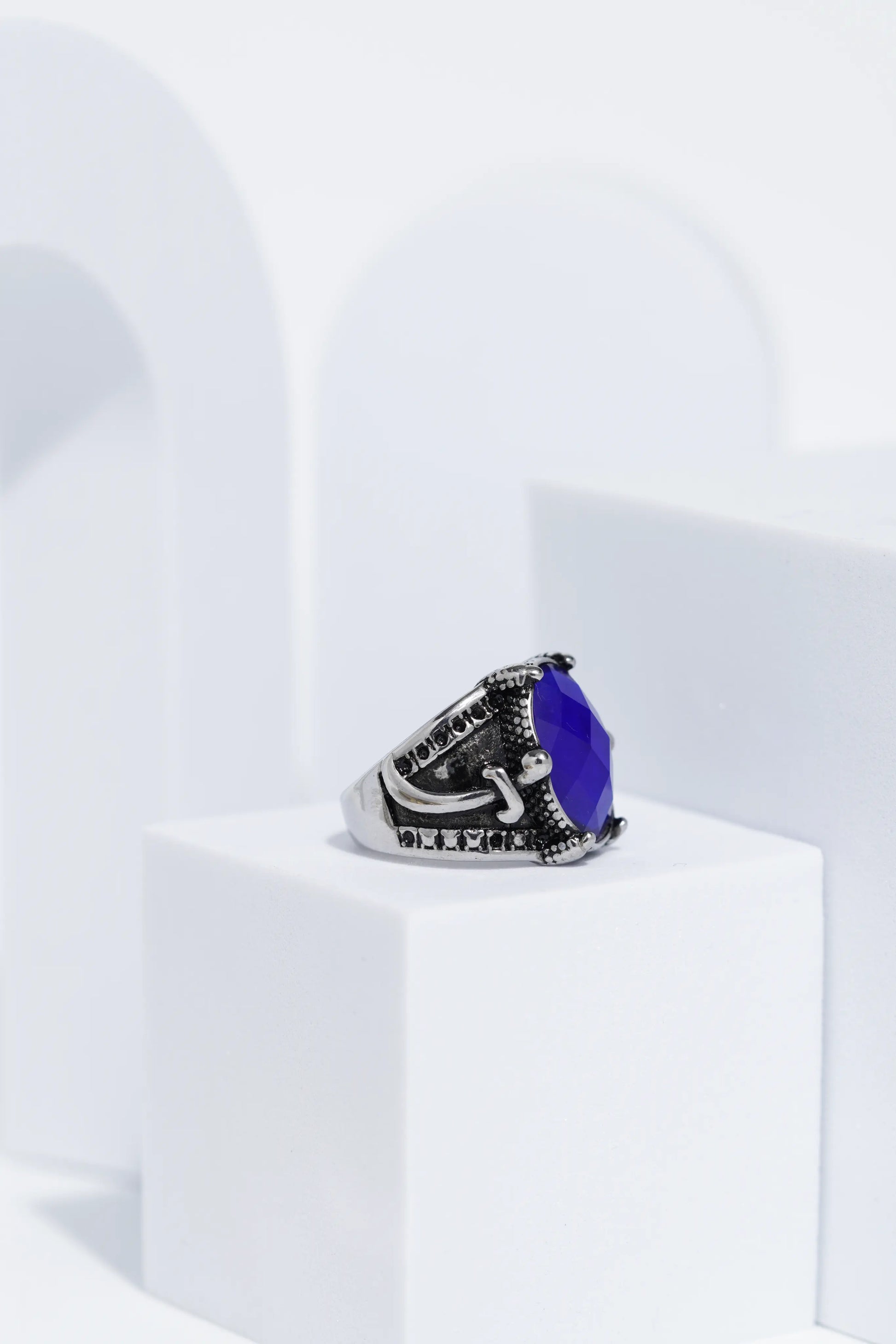 Blue Stone Silver Stone Textured Stainless Steel Ring For Men. worldjewel.in men's ring