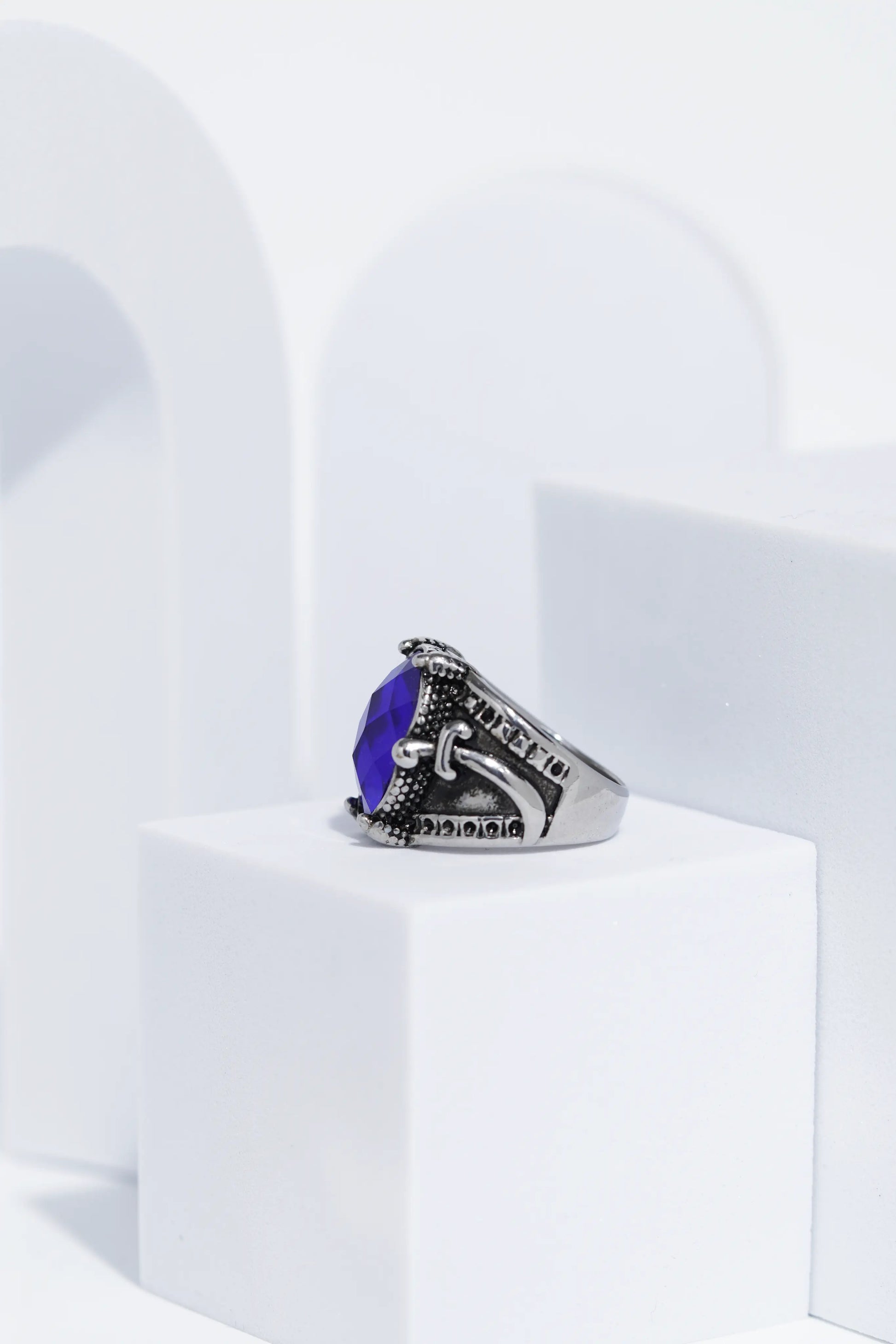 Blue Stone Silver Stone Textured Stainless Steel Ring For Men. worldjewel.in men's ring