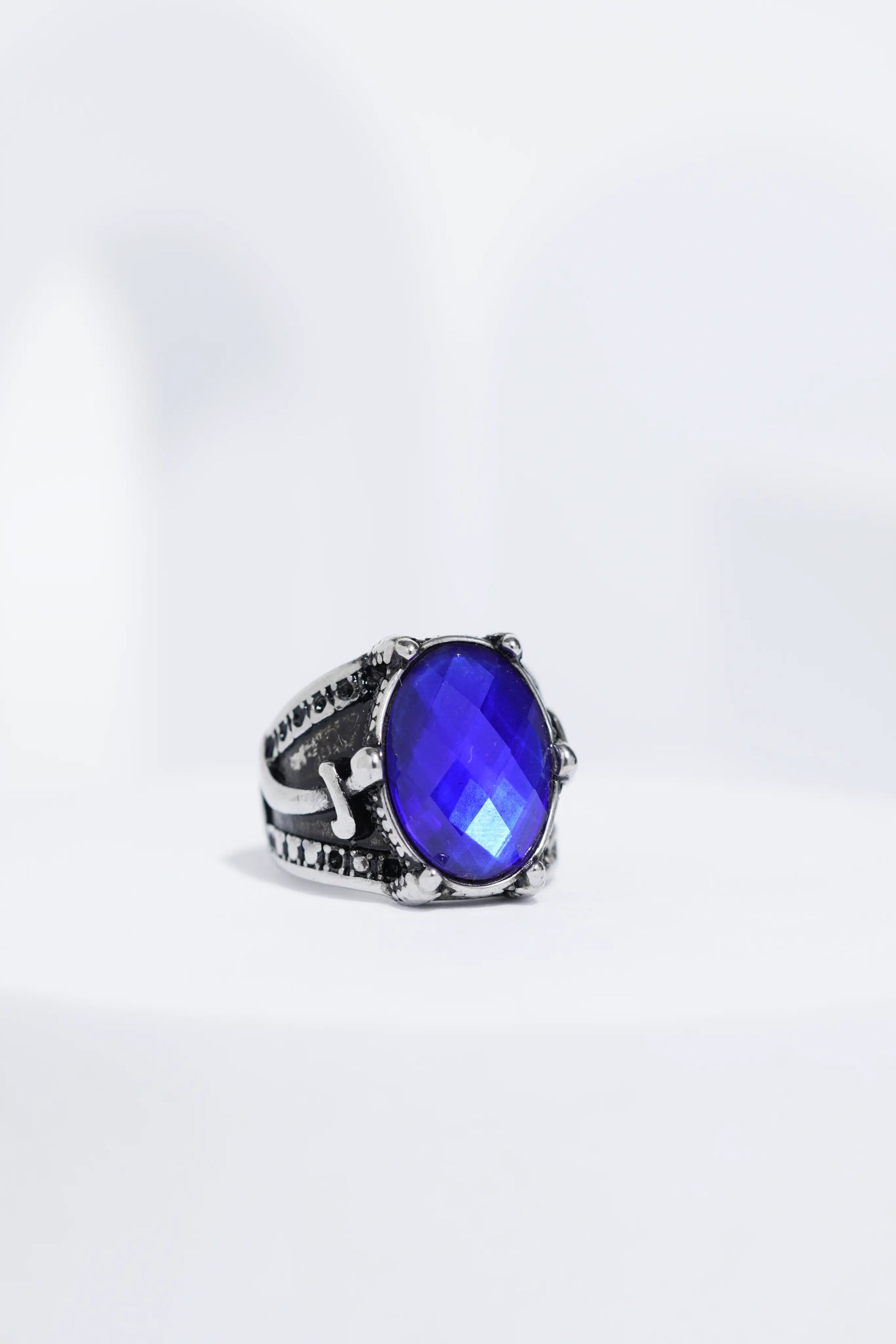 Blue Stone Silver Stone Textured Stainless Steel Ring For Men. worldjewel.in men's ring