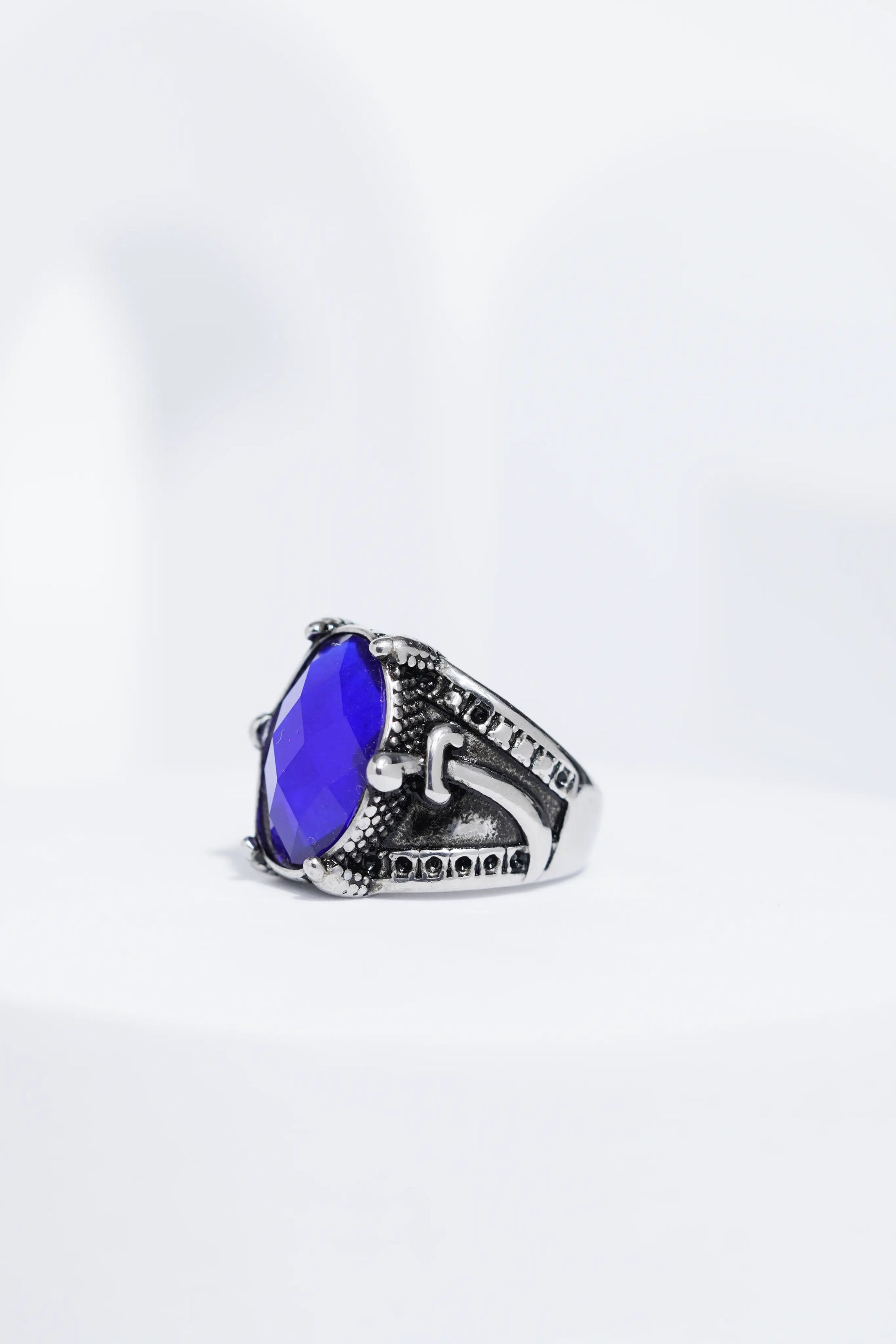 Blue Stone Silver Stone Textured Stainless Steel Ring For Men. worldjewel.in men's ring