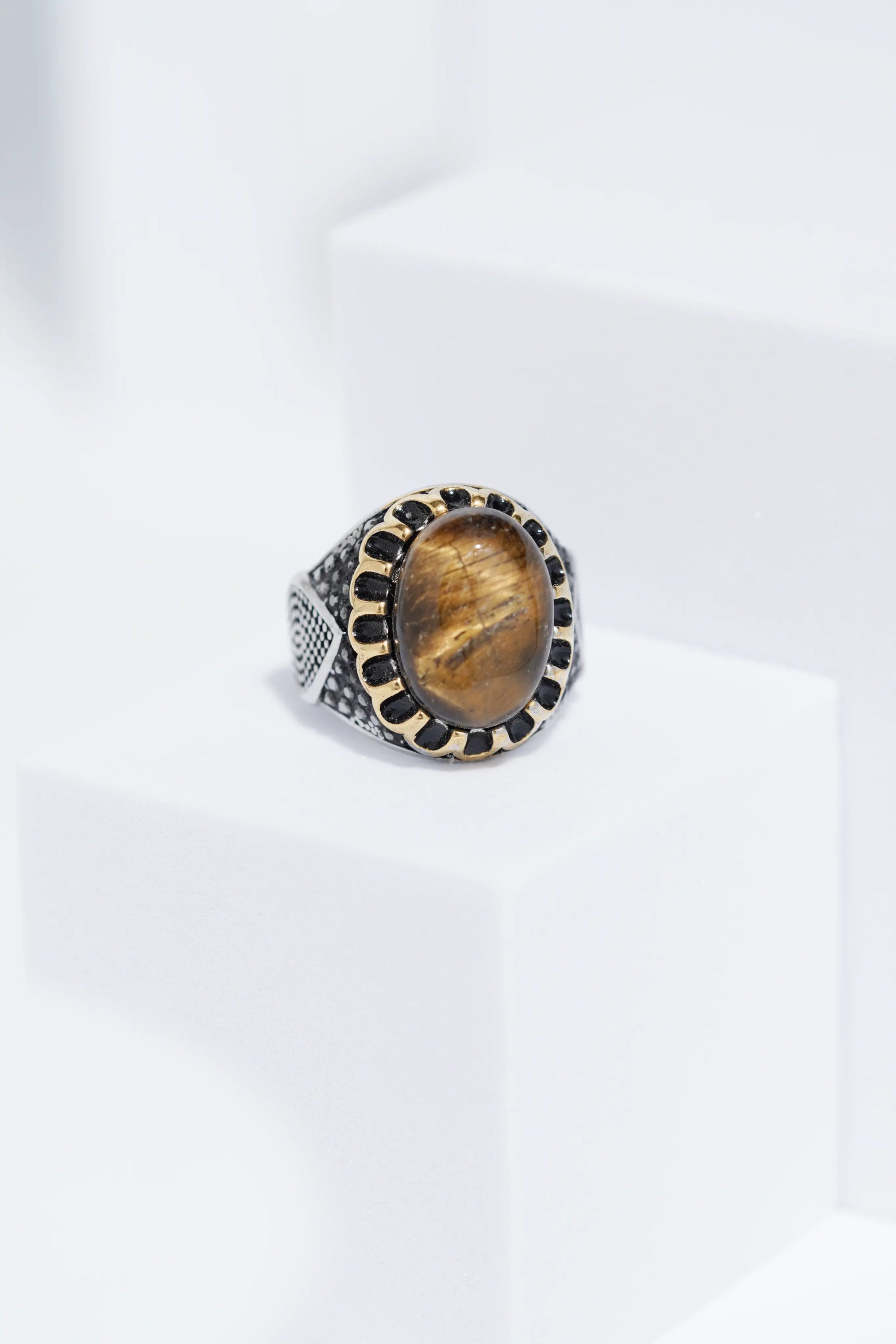 Brown Oval Stone In Two-Tone Color Stainless Steel Ring For Men. worldjewel.in men's ring