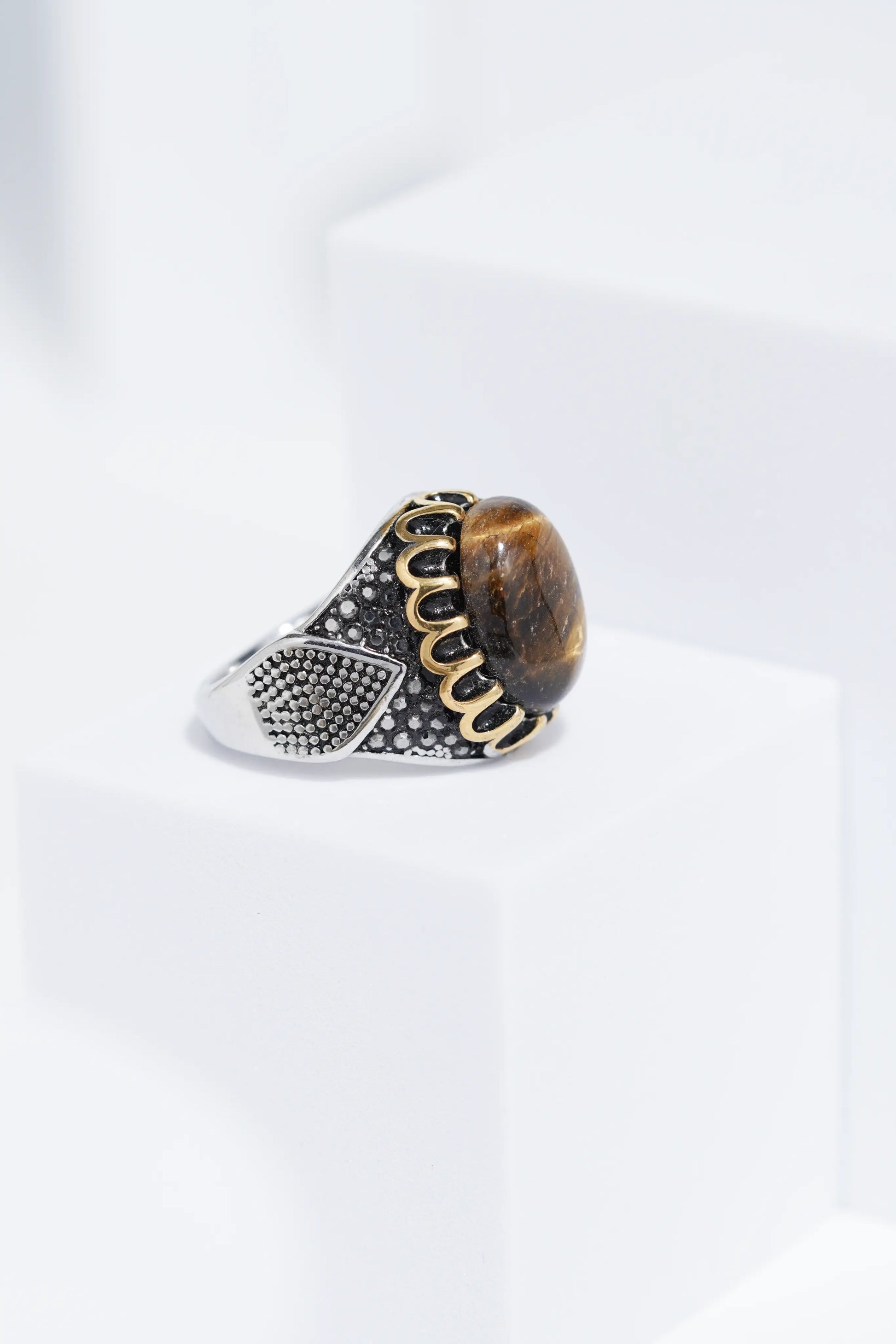 Brown Oval Stone In Two-Tone Color Stainless Steel Ring For Men. worldjewel.in men's ring