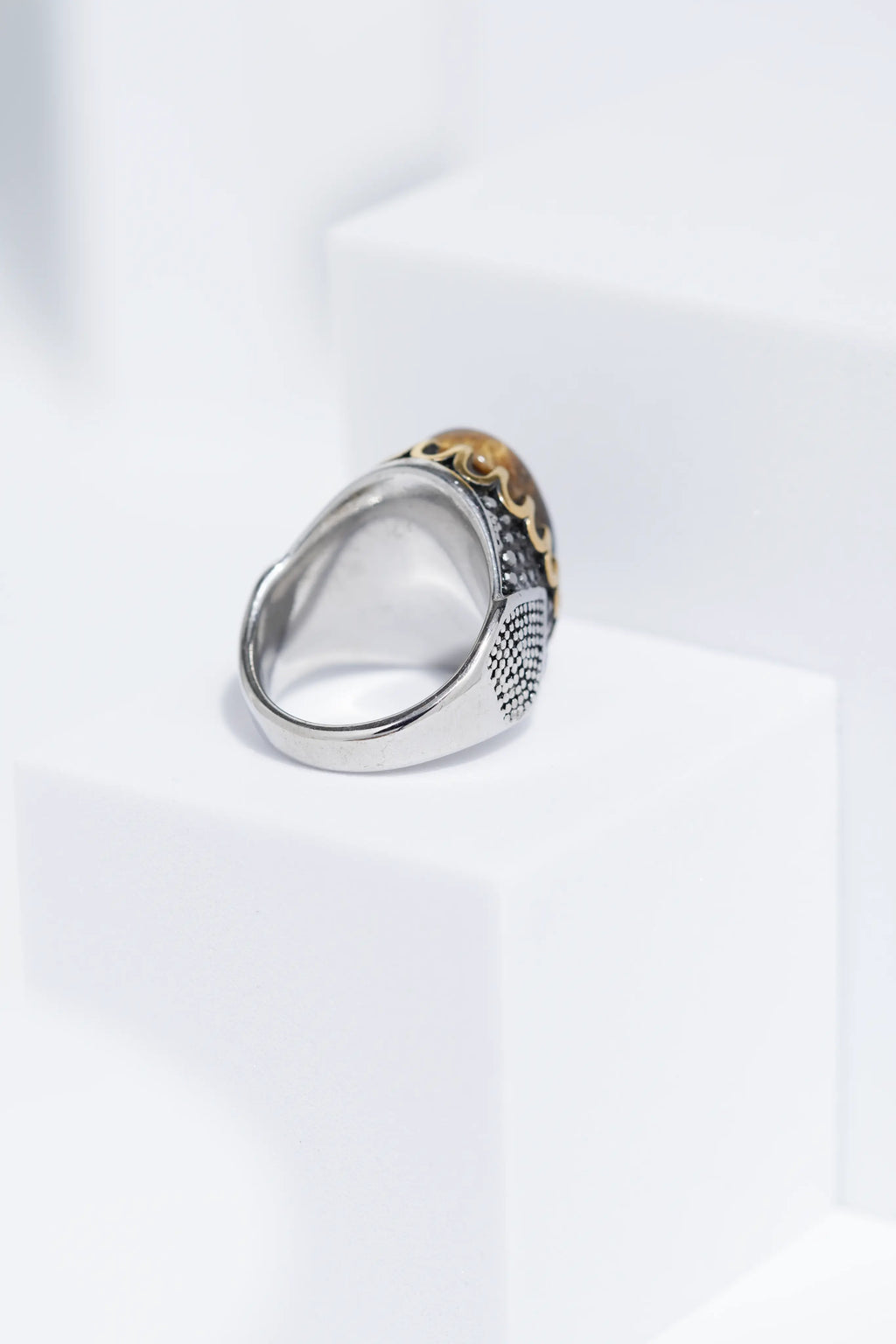 Brown Oval Stone In Two-Tone Color Stainless Steel Ring For Men. worldjewel.in men's ring