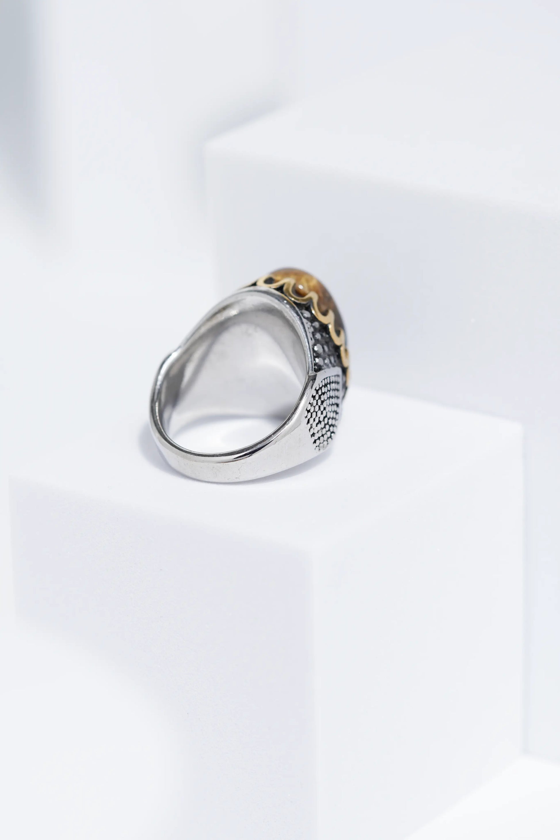 Brown Oval Stone In Two-Tone Color Stainless Steel Ring For Men. worldjewel.in men's ring
